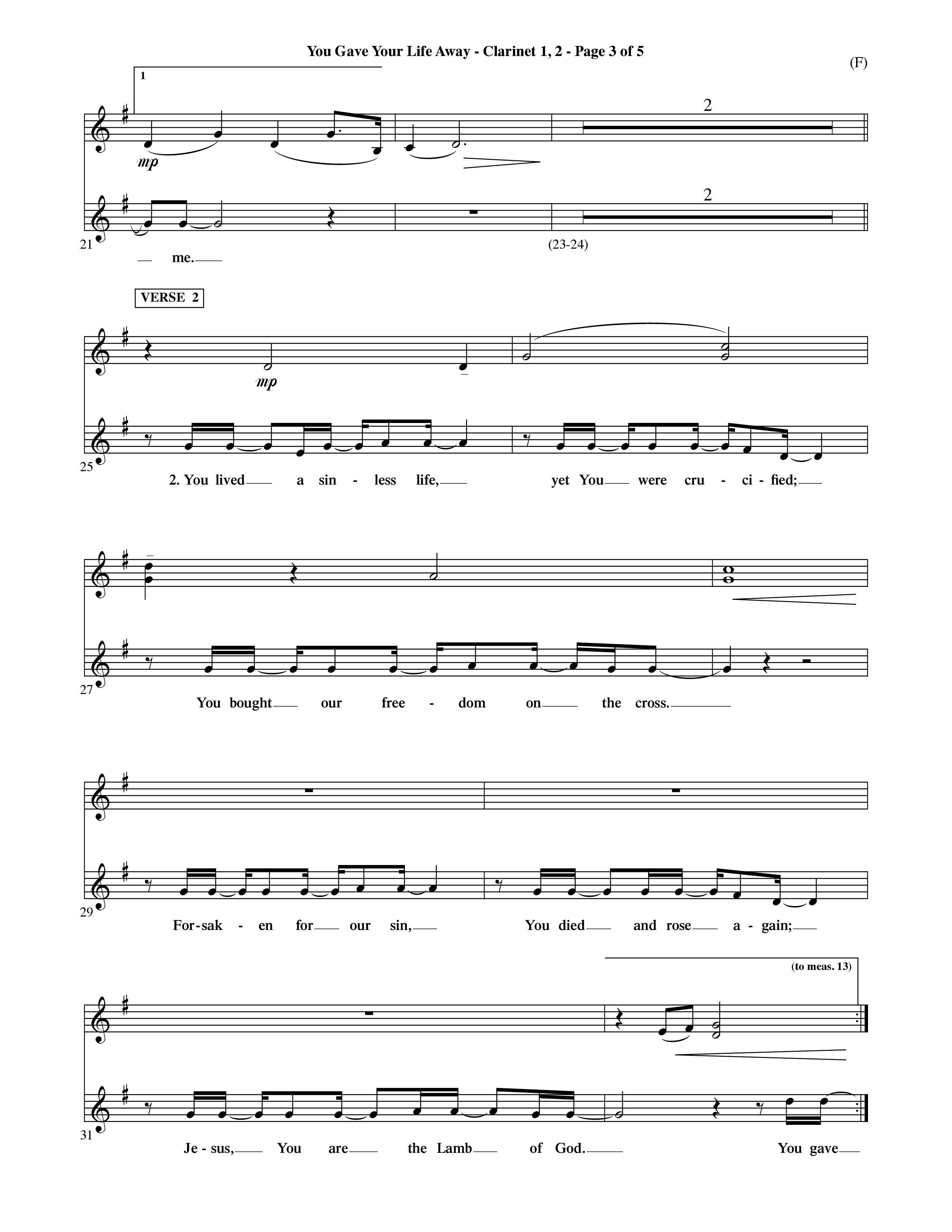 You Gave Your Life Away (Choral Anthem SATB) Clarinet 1/2 (Word Music Choral / Orch. Ric Domenico)