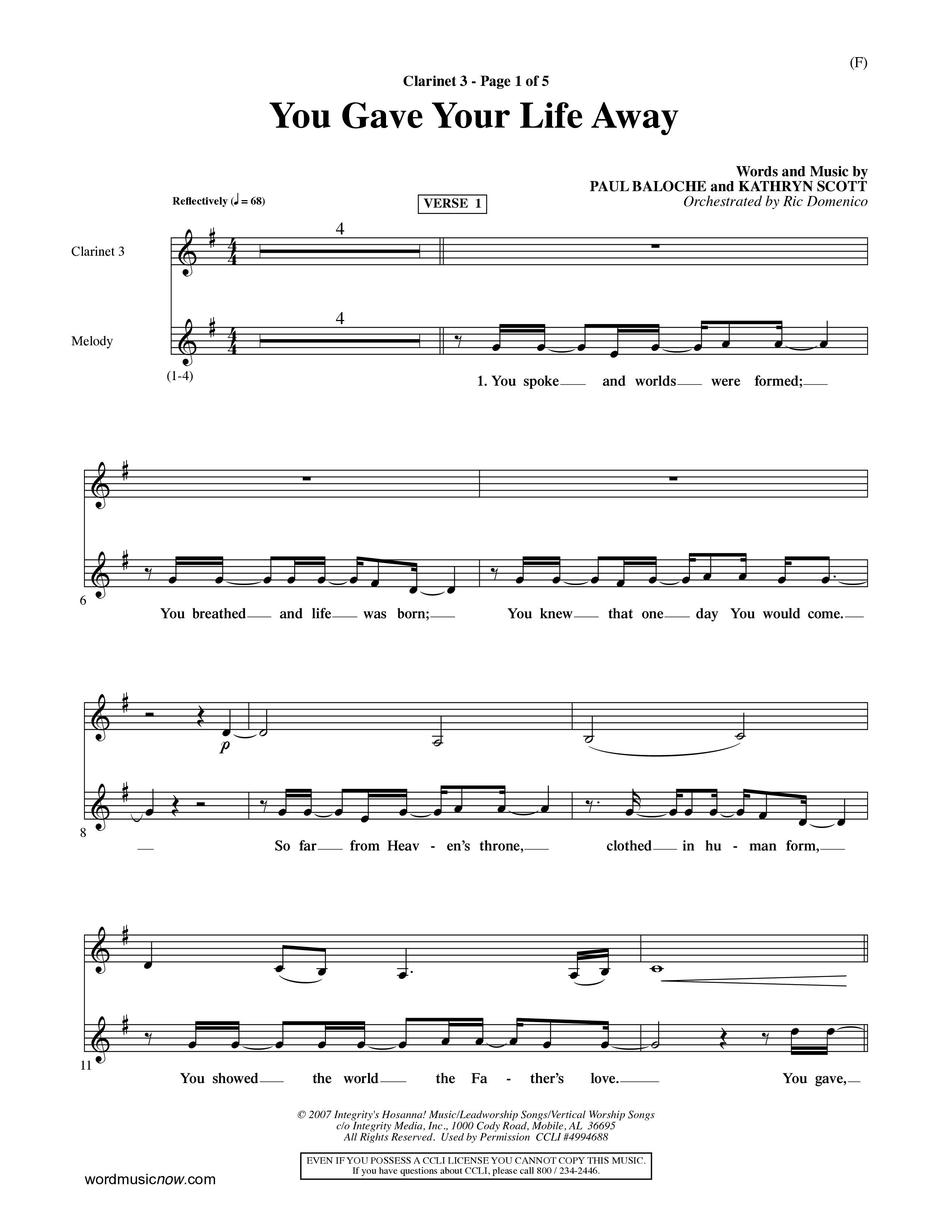 You Gave Your Life Away (Choral Anthem SATB) Clarinet 3 (Word Music Choral / Orch. Ric Domenico)