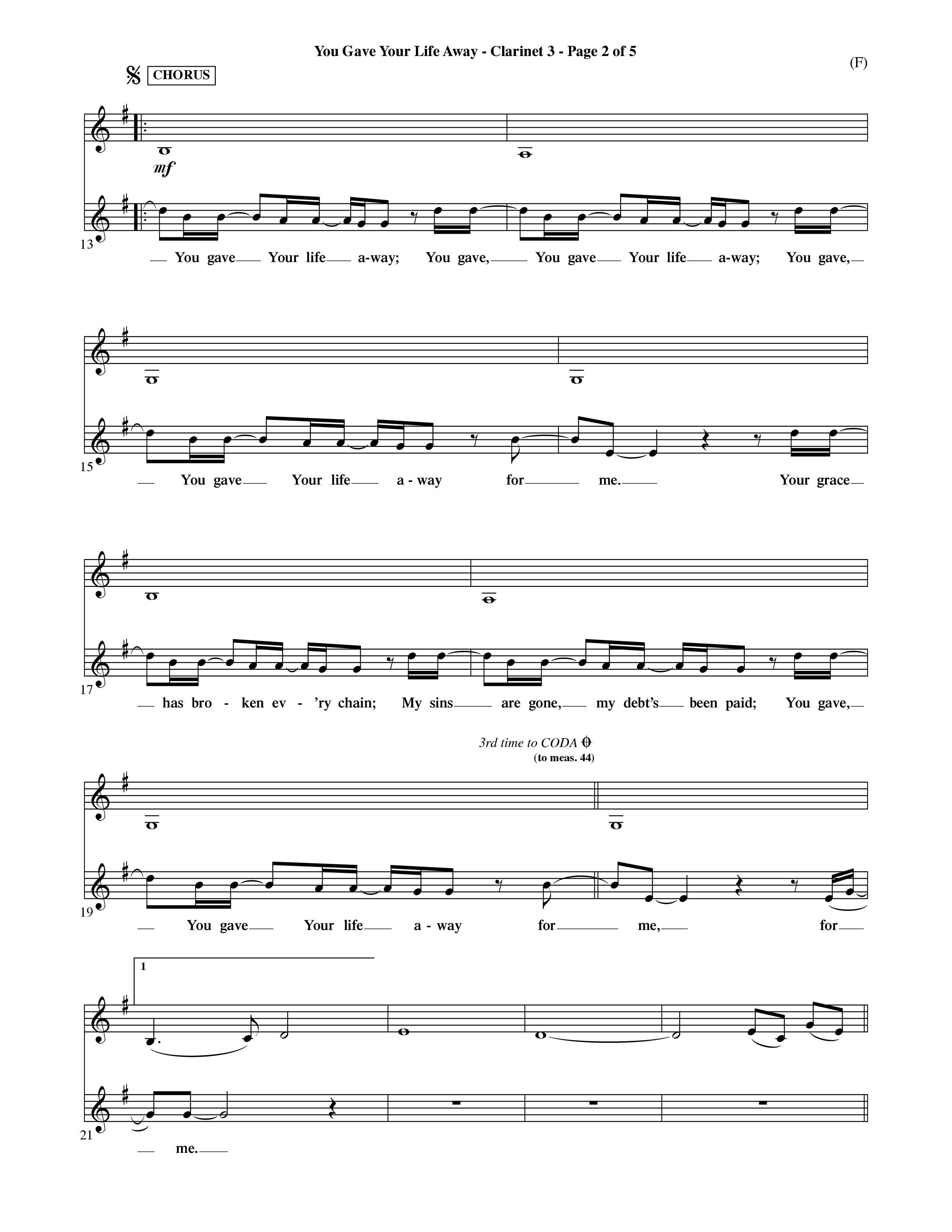 You Gave Your Life Away (Choral Anthem SATB) Clarinet 3 (Word Music Choral / Orch. Ric Domenico)