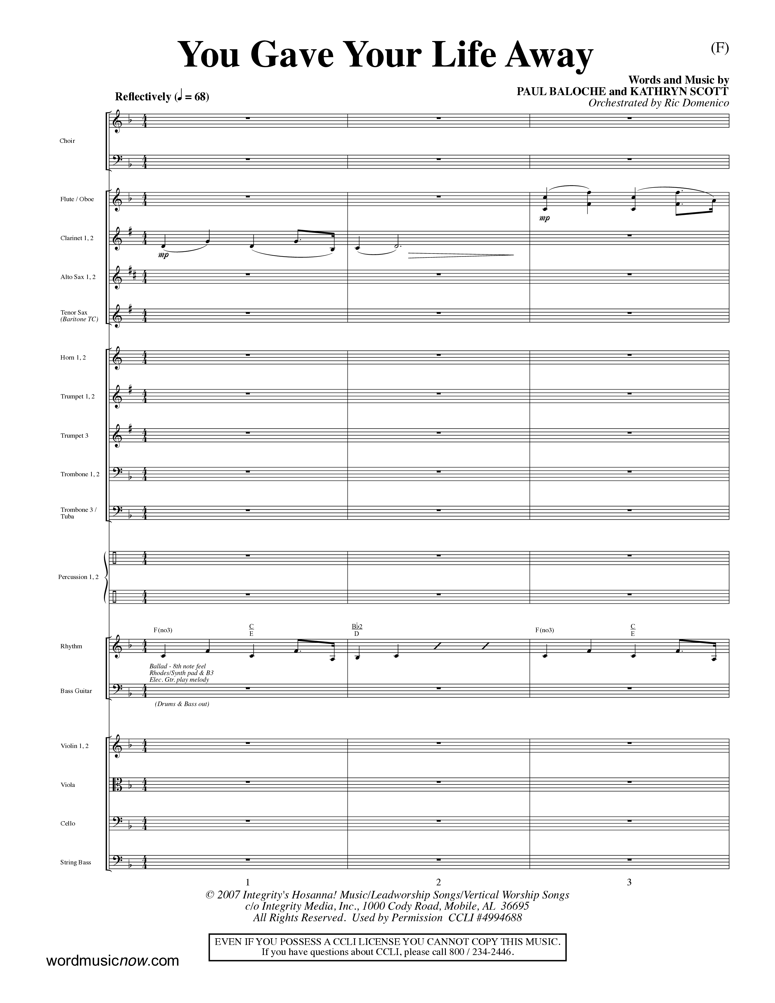 You Gave Your Life Away (Choral Anthem SATB) Orchestration (Word Music Choral / Orch. Ric Domenico)