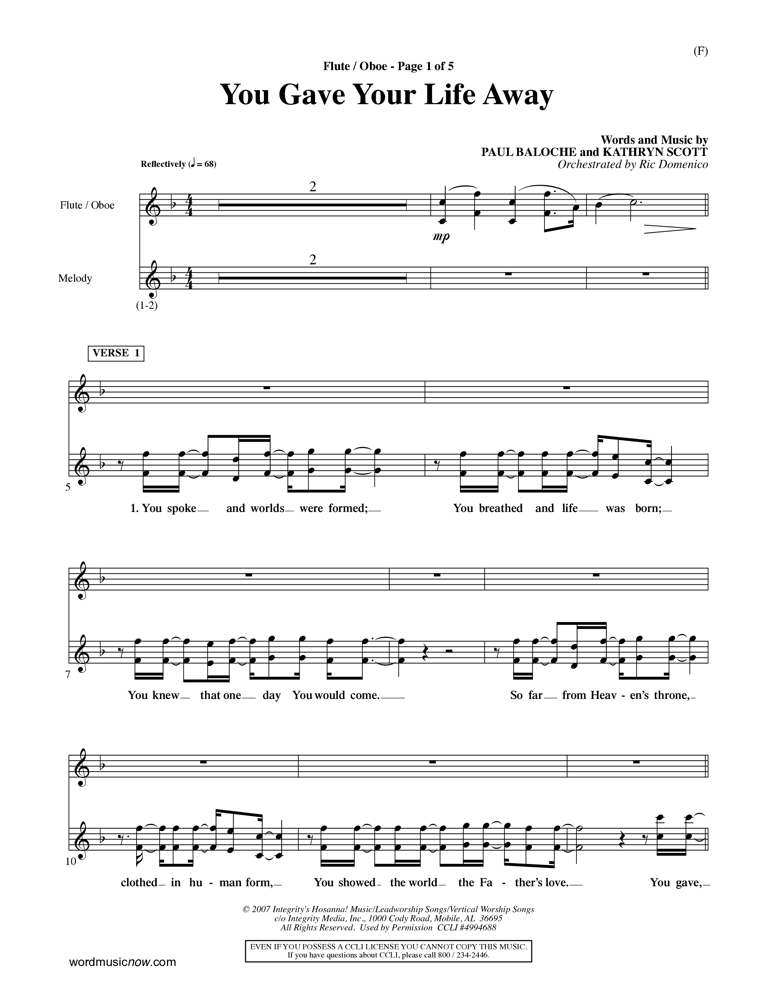 You Gave Your Life Away (Choral Anthem SATB) Flute/Oboe (Word Music Choral / Orch. Ric Domenico)