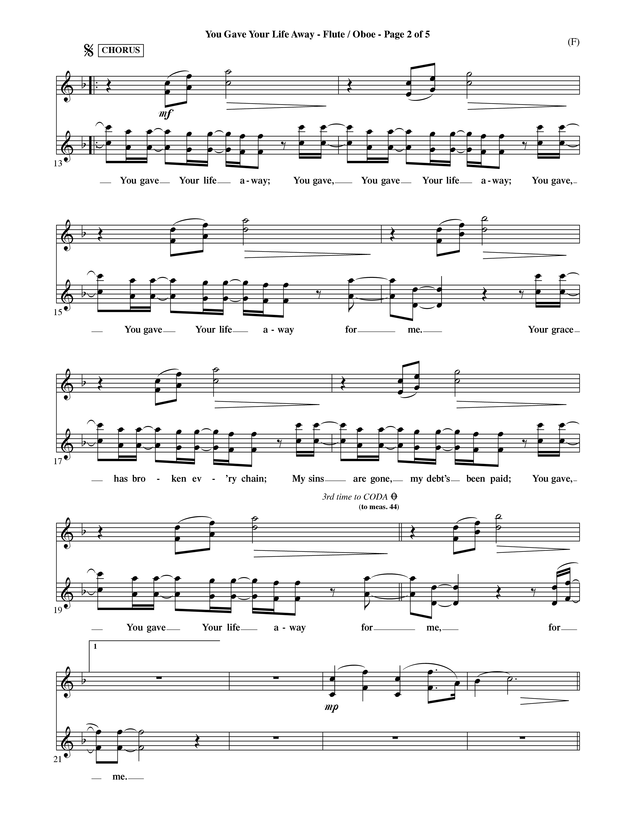 You Gave Your Life Away (Choral Anthem SATB) Flute/Oboe (Word Music Choral / Orch. Ric Domenico)