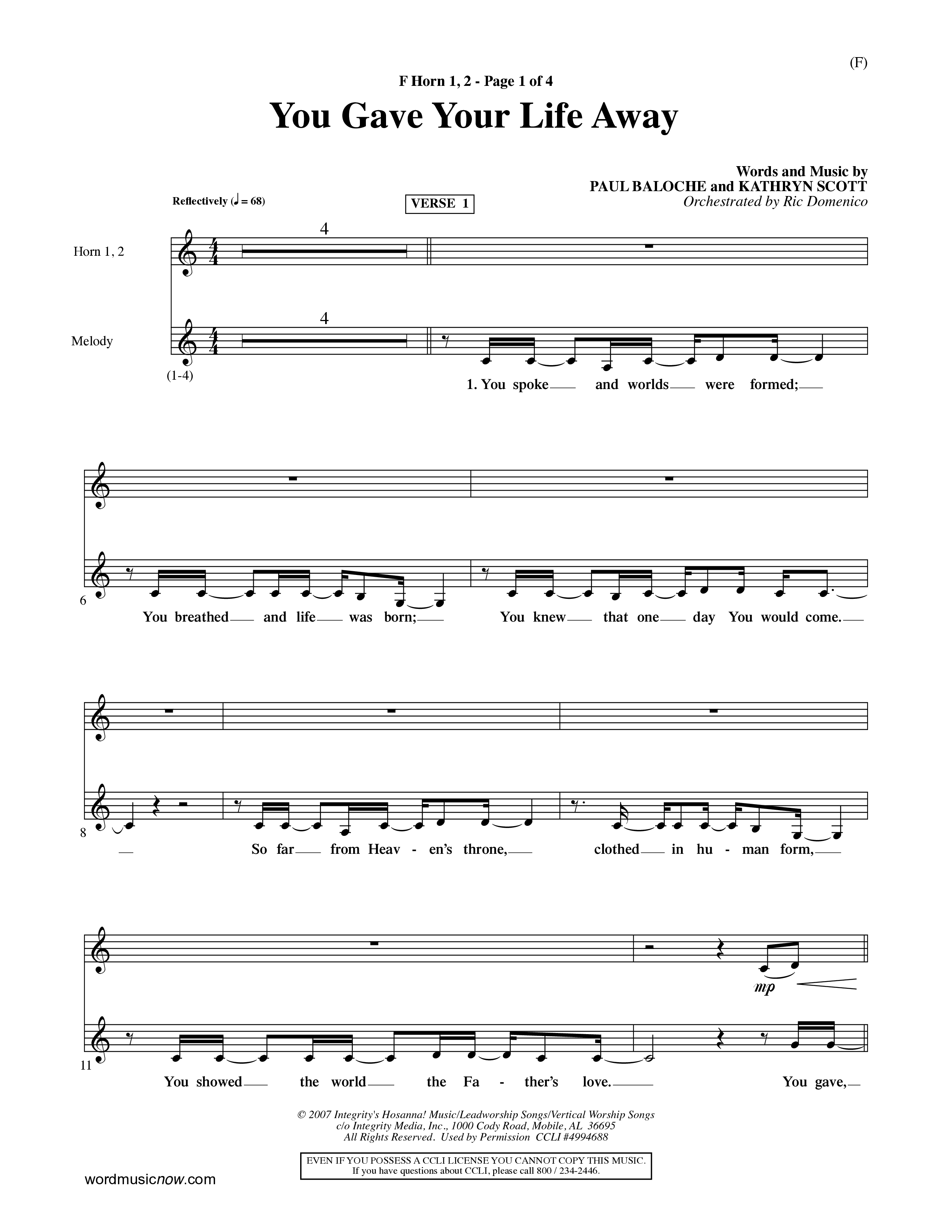 You Gave Your Life Away (Choral Anthem SATB) French Horn (Word Music Choral / Orch. Ric Domenico)