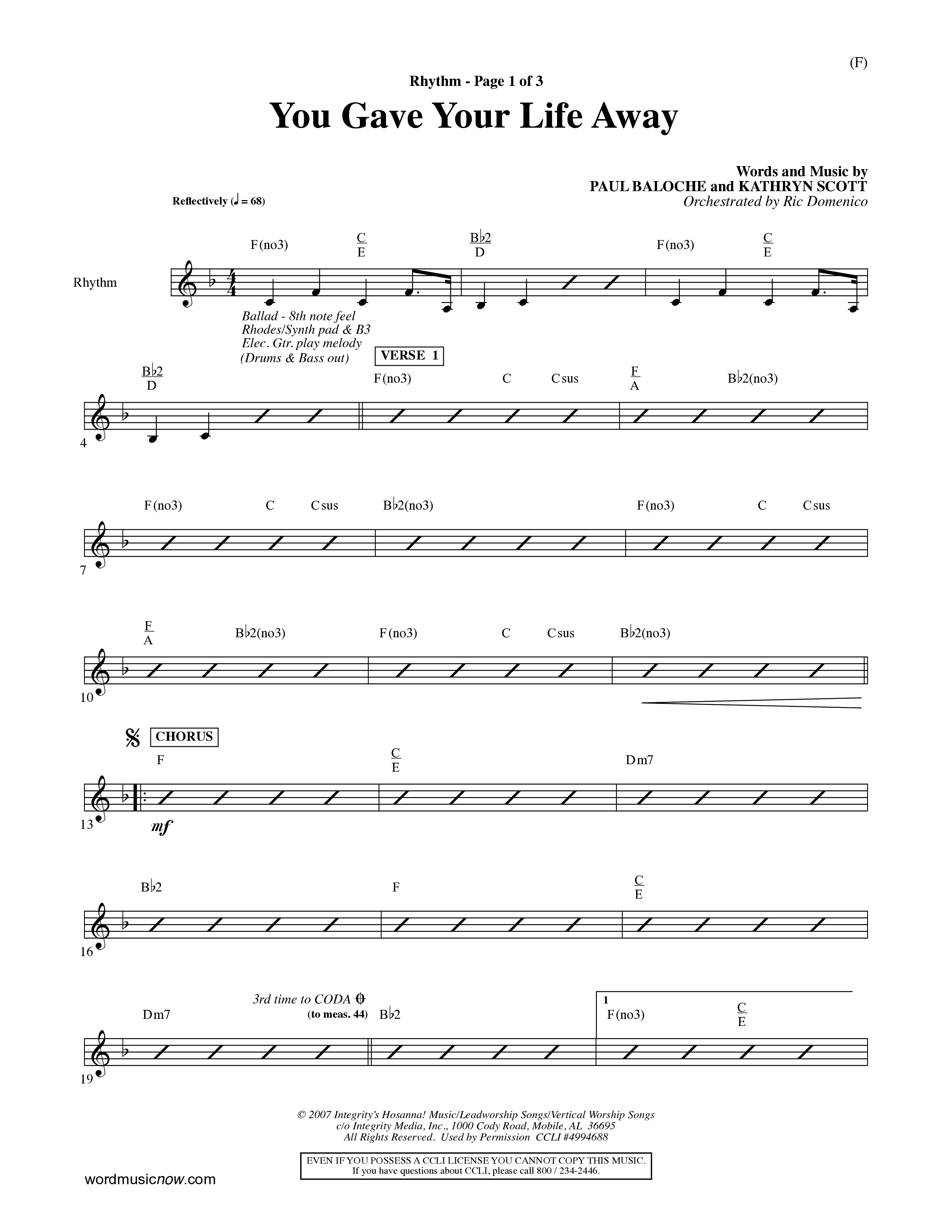 You Gave Your Life Away (Choral Anthem SATB) Rhythm Chart (Word Music Choral / Orch. Ric Domenico)