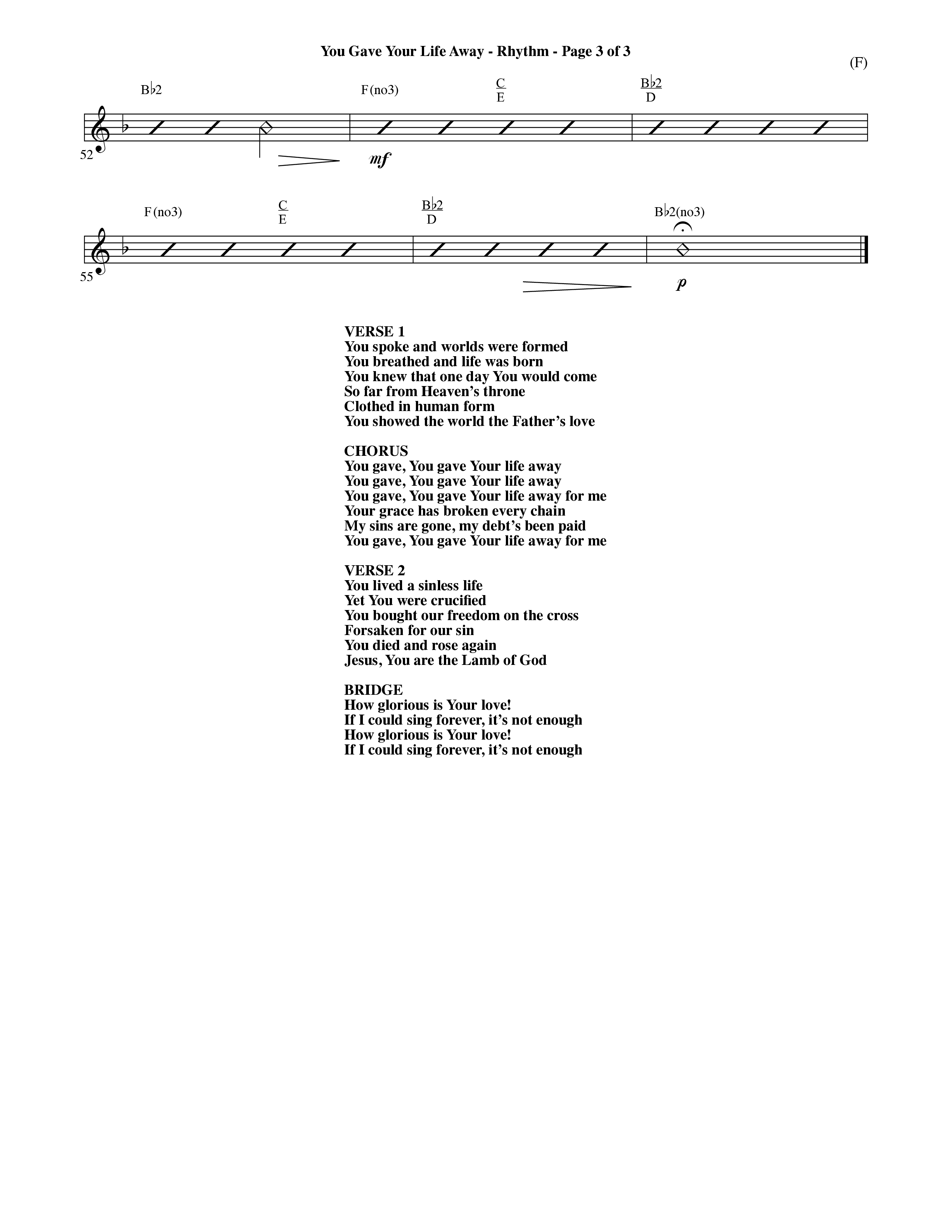 You Gave Your Life Away (Choral Anthem SATB) Rhythm Chart (Word Music Choral / Orch. Ric Domenico)