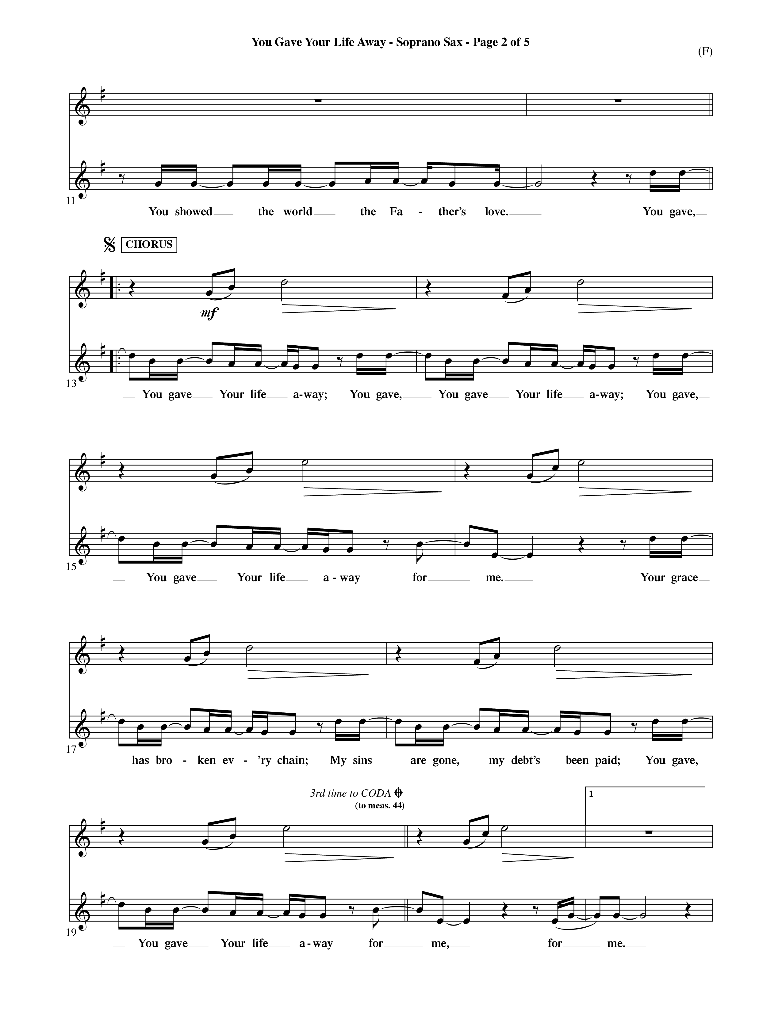 You Gave Your Life Away (Choral Anthem SATB) Saxophone (Word Music Choral / Orch. Ric Domenico)