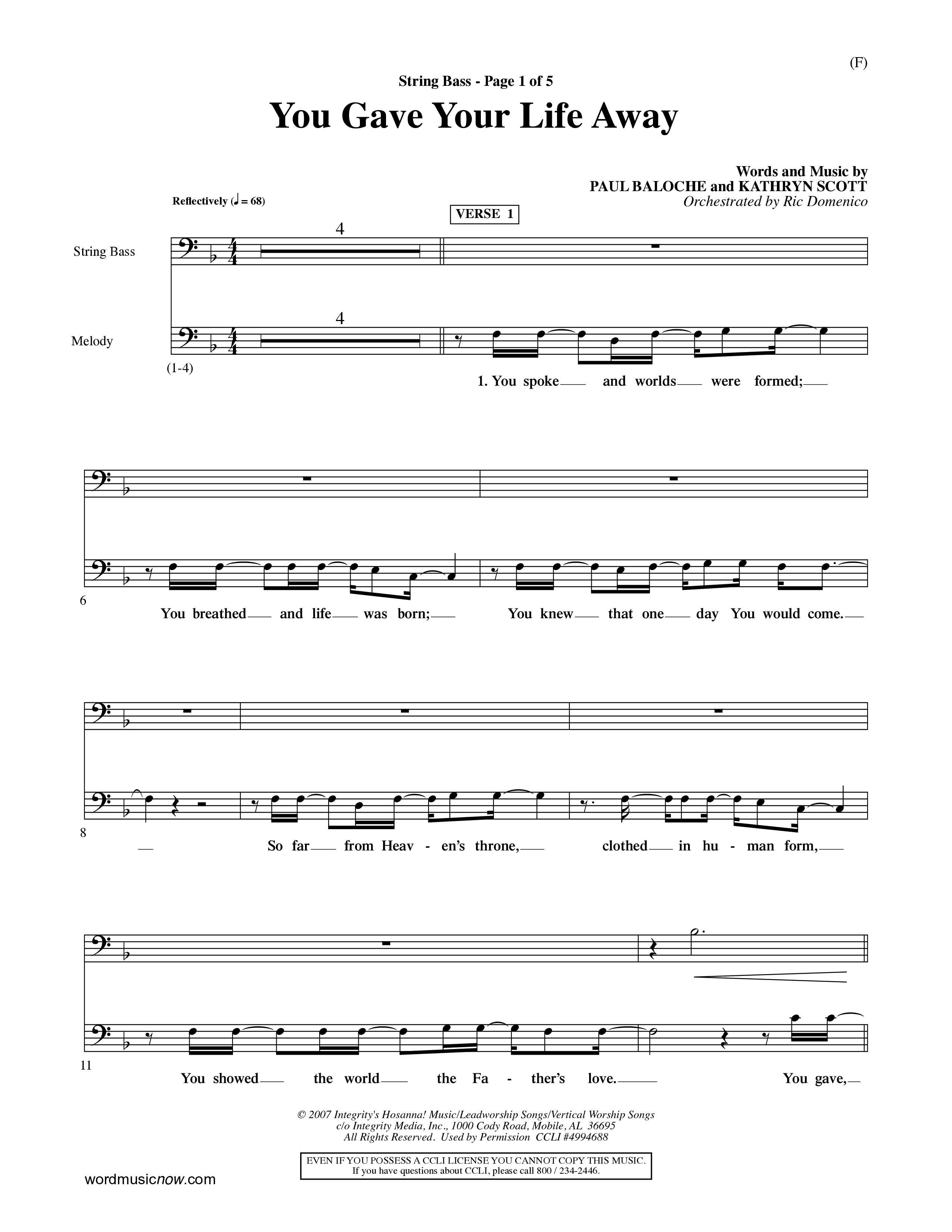 You Gave Your Life Away (Choral Anthem SATB) String Bass (Word Music Choral / Orch. Ric Domenico)