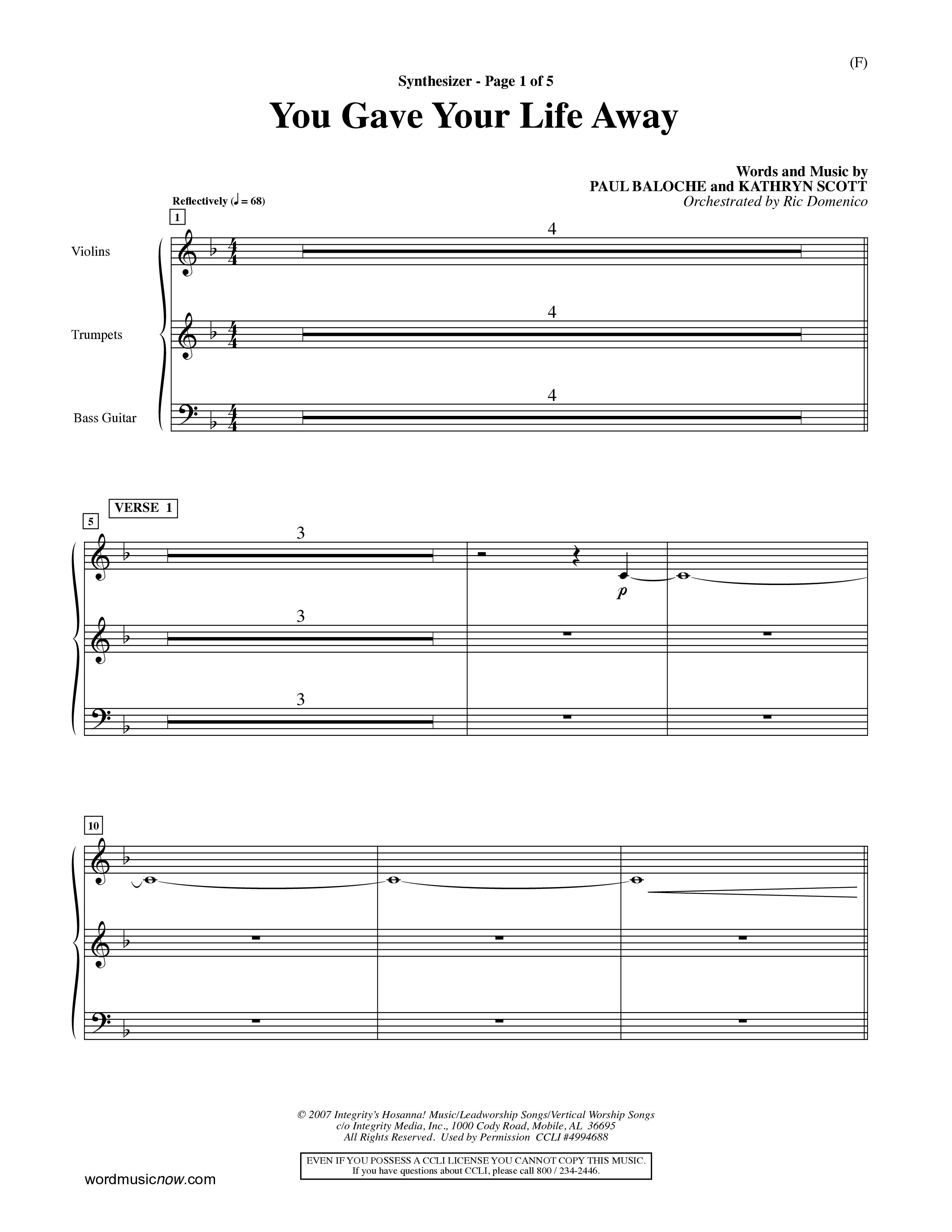 You Gave Your Life Away (Choral Anthem SATB) Synth (Word Music Choral / Orch. Ric Domenico)