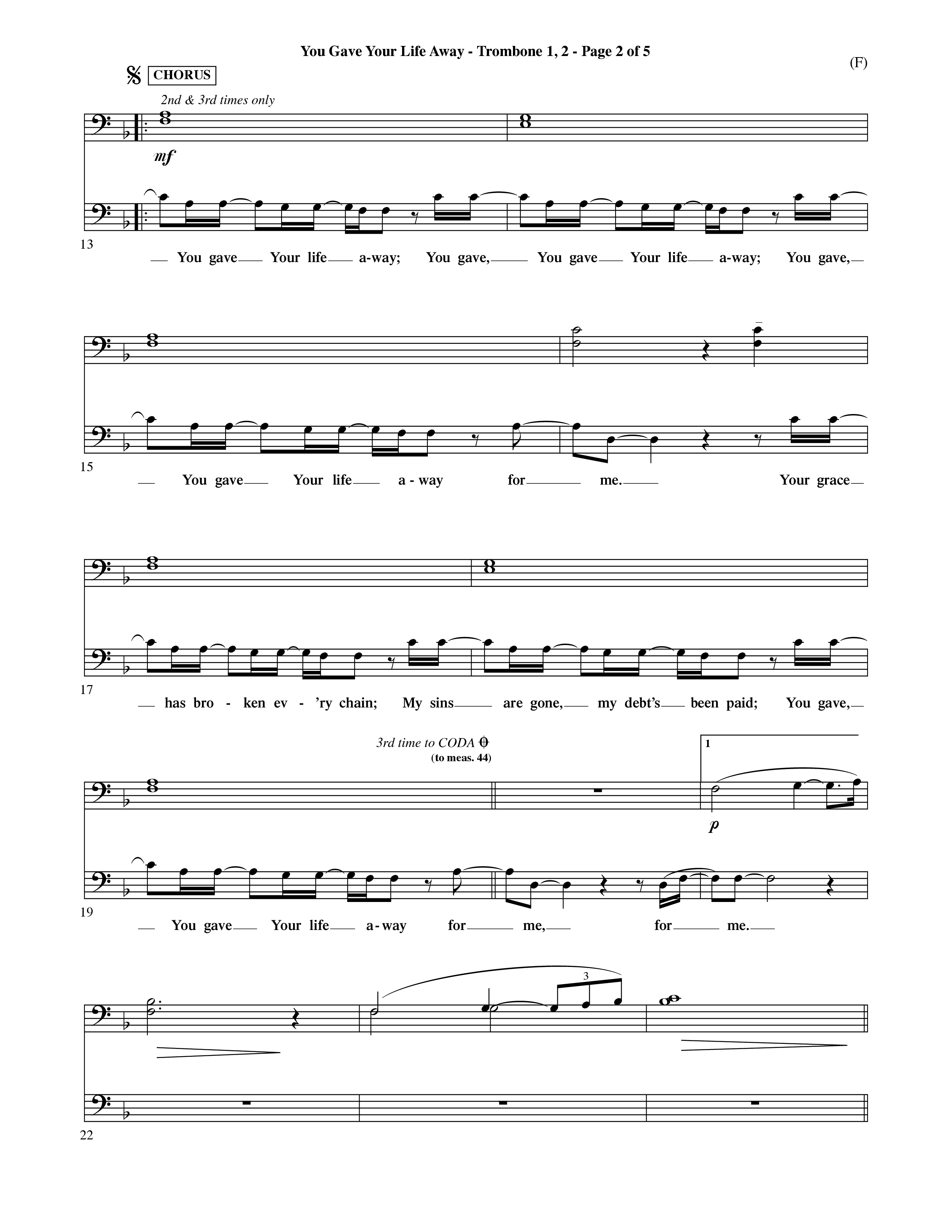 You Gave Your Life Away (Choral Anthem SATB) Trombone 1/2 (Word Music Choral / Orch. Ric Domenico)