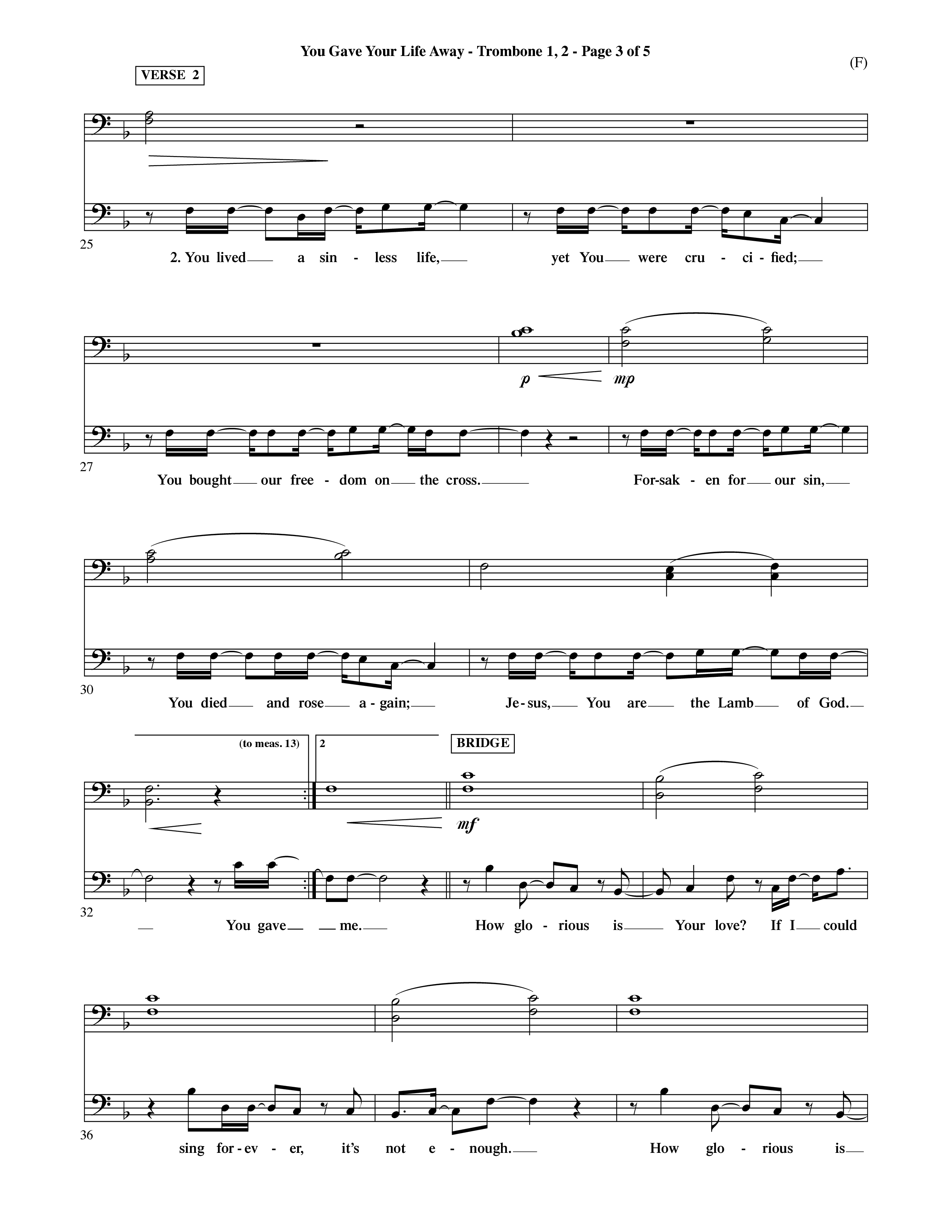 You Gave Your Life Away (Choral Anthem SATB) Trombone 1/2 (Word Music Choral / Orch. Ric Domenico)
