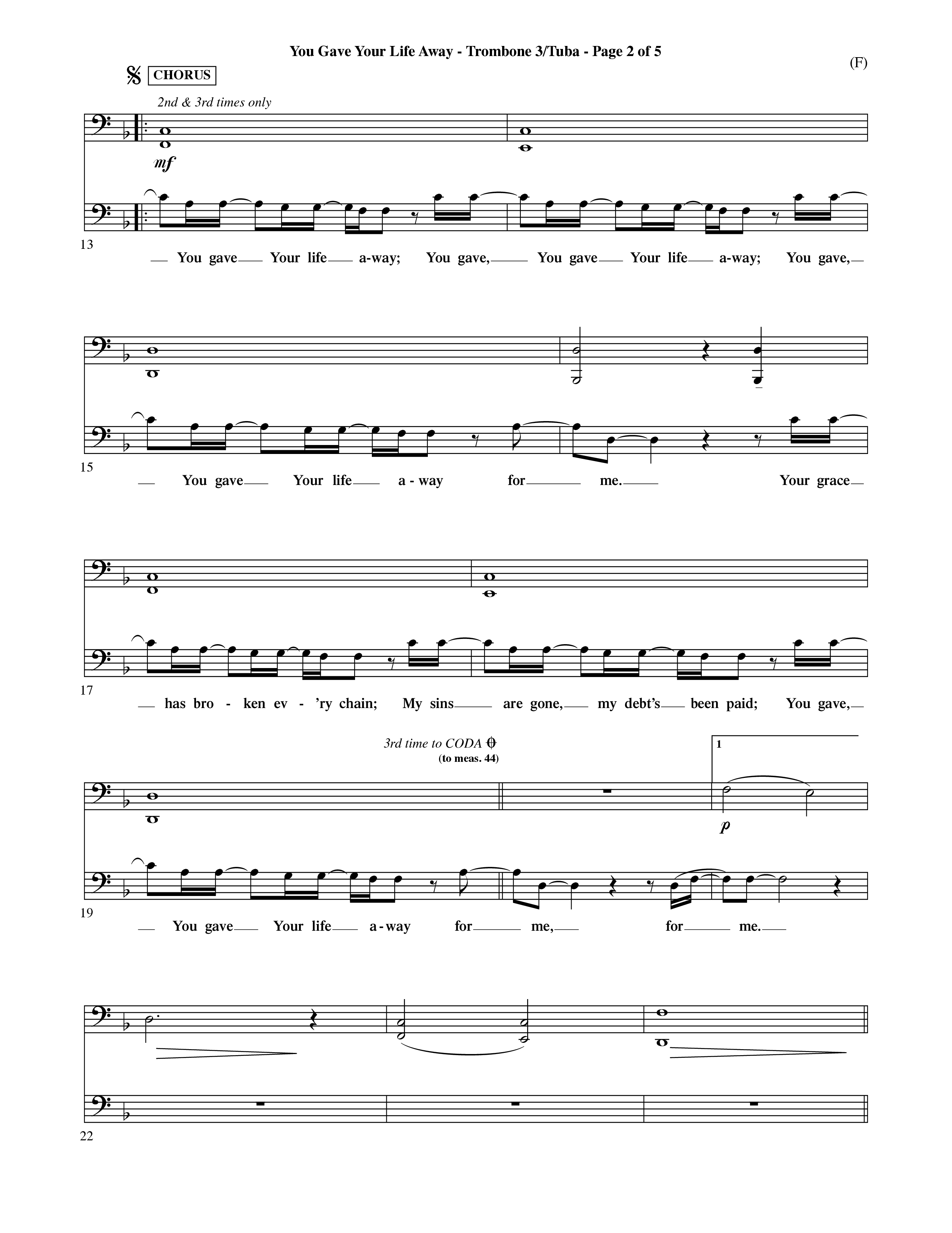 You Gave Your Life Away (Choral Anthem SATB) Trombone 3/Tuba (Word Music Choral / Orch. Ric Domenico)