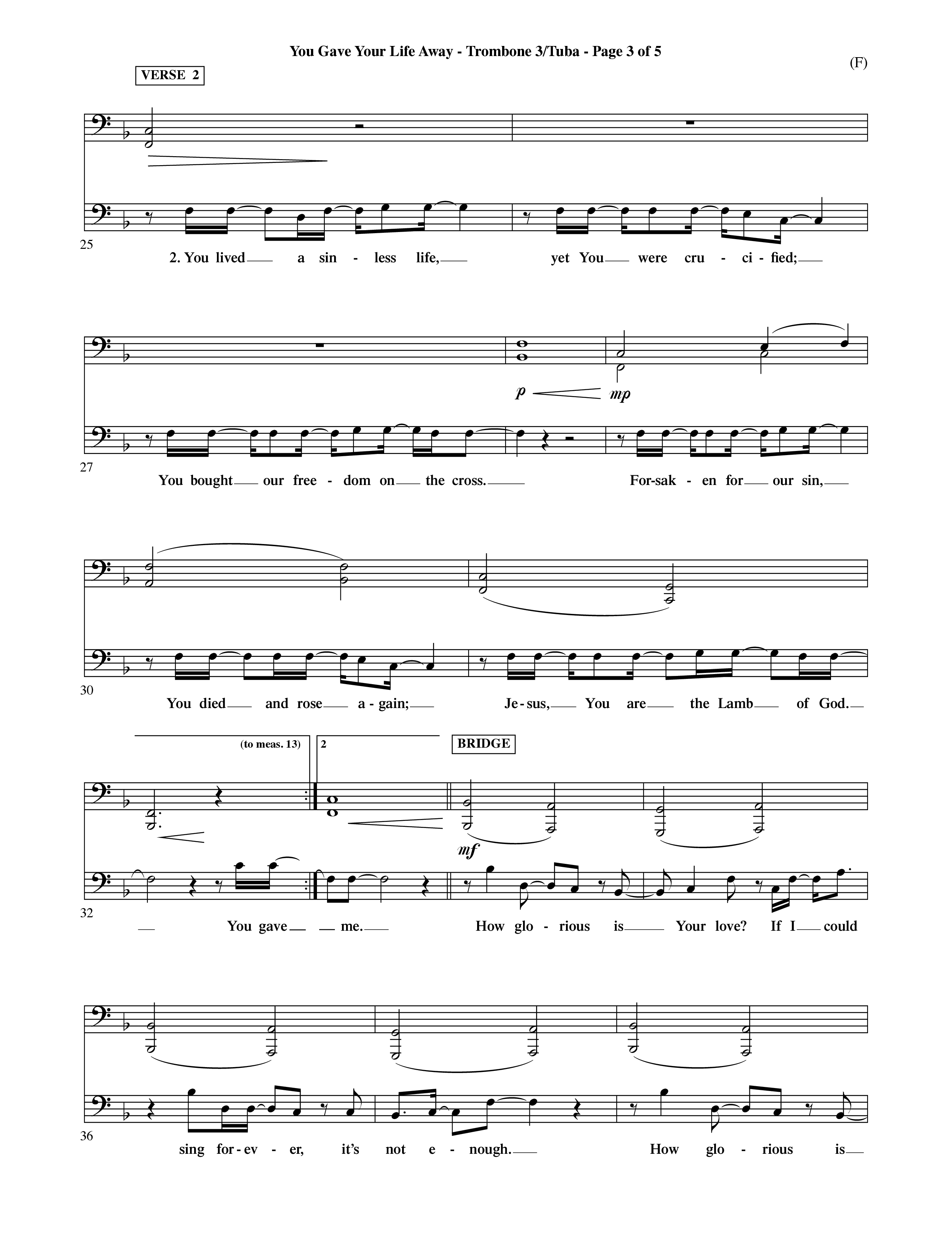 You Gave Your Life Away (Choral Anthem SATB) Trombone 3/Tuba (Word Music Choral / Orch. Ric Domenico)