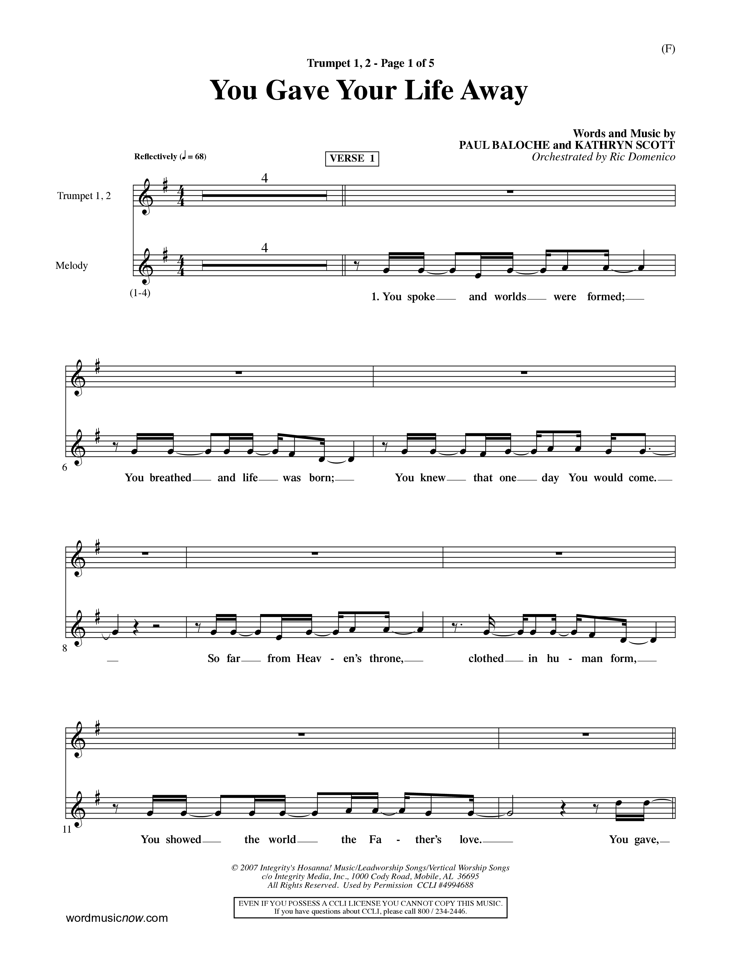 You Gave Your Life Away (Choral Anthem SATB) Trumpet 1,2 (Word Music Choral / Orch. Ric Domenico)