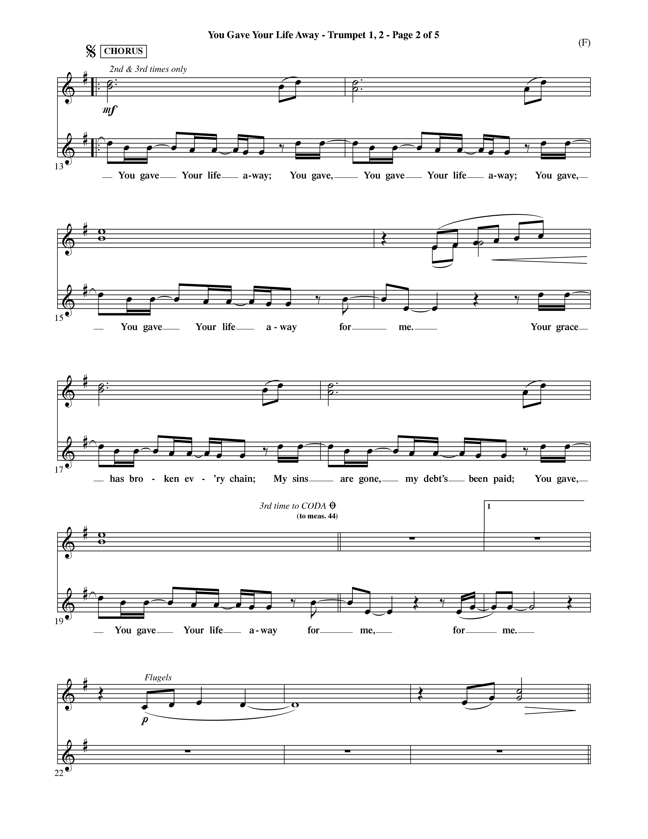 You Gave Your Life Away (Choral Anthem SATB) Trumpet 1,2 (Word Music Choral / Orch. Ric Domenico)