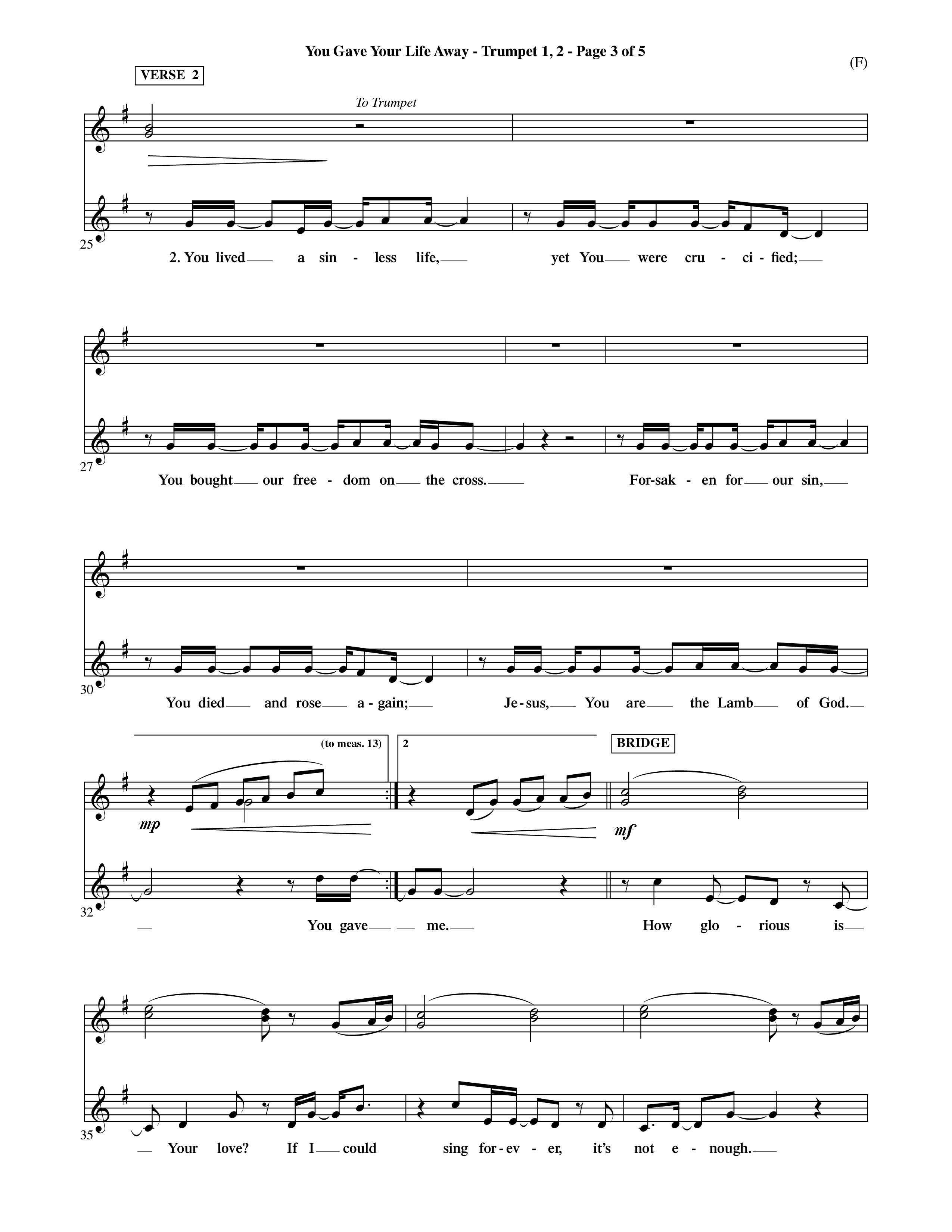 You Gave Your Life Away (Choral Anthem SATB) Trumpet 1,2 (Word Music Choral / Orch. Ric Domenico)