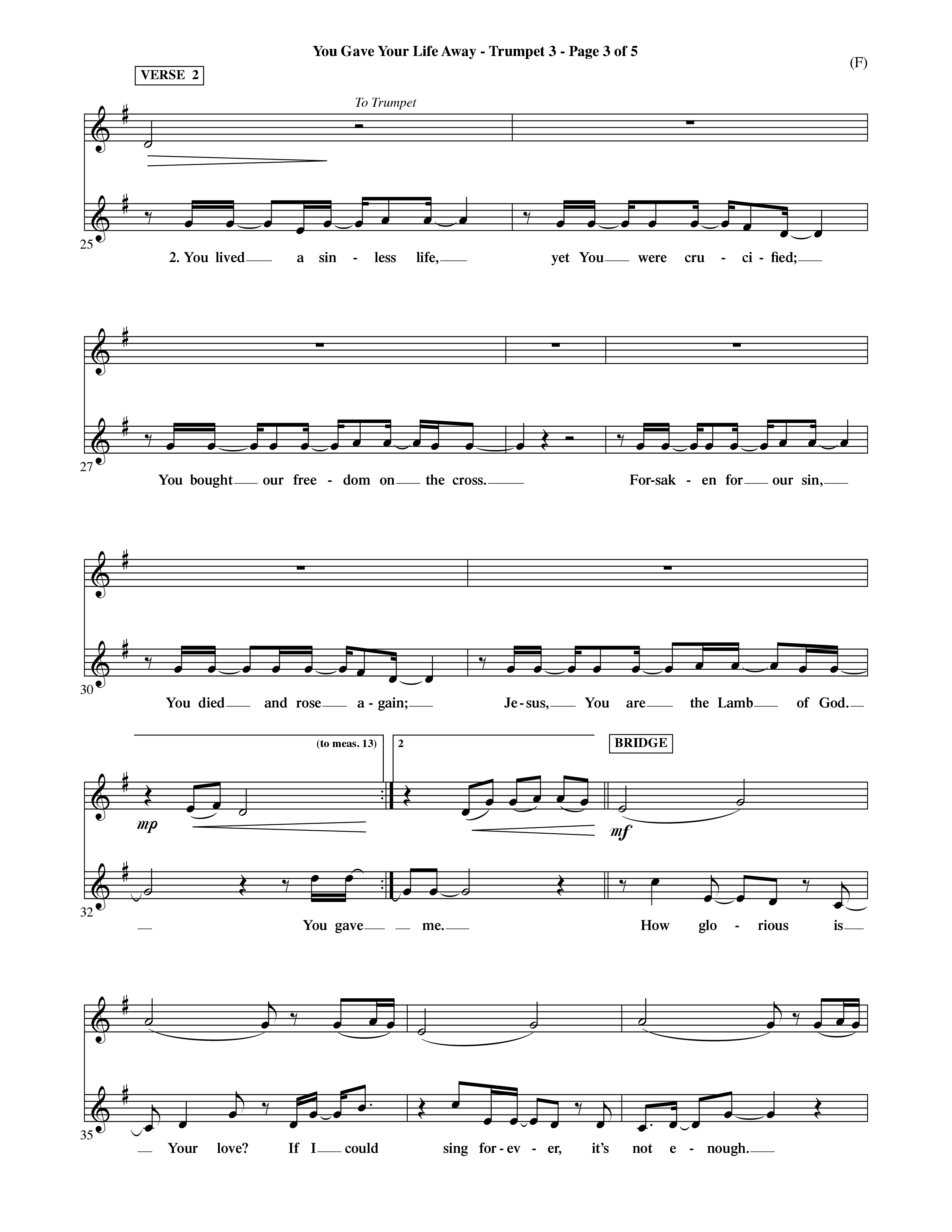 You Gave Your Life Away (Choral Anthem SATB) Trumpet 3 (Word Music Choral / Orch. Ric Domenico)