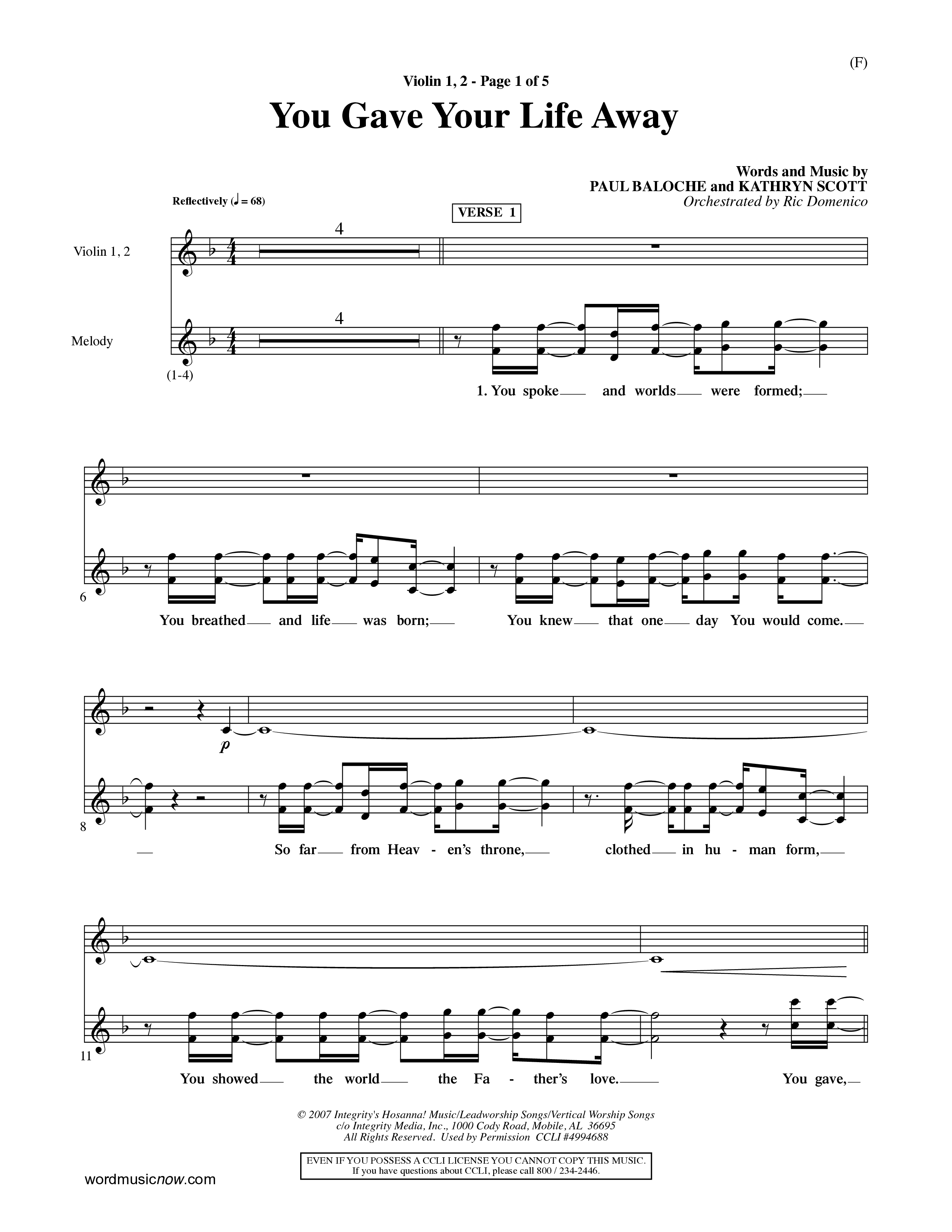 You Gave Your Life Away (Choral Anthem SATB) Violin 1/2 (Word Music Choral / Orch. Ric Domenico)