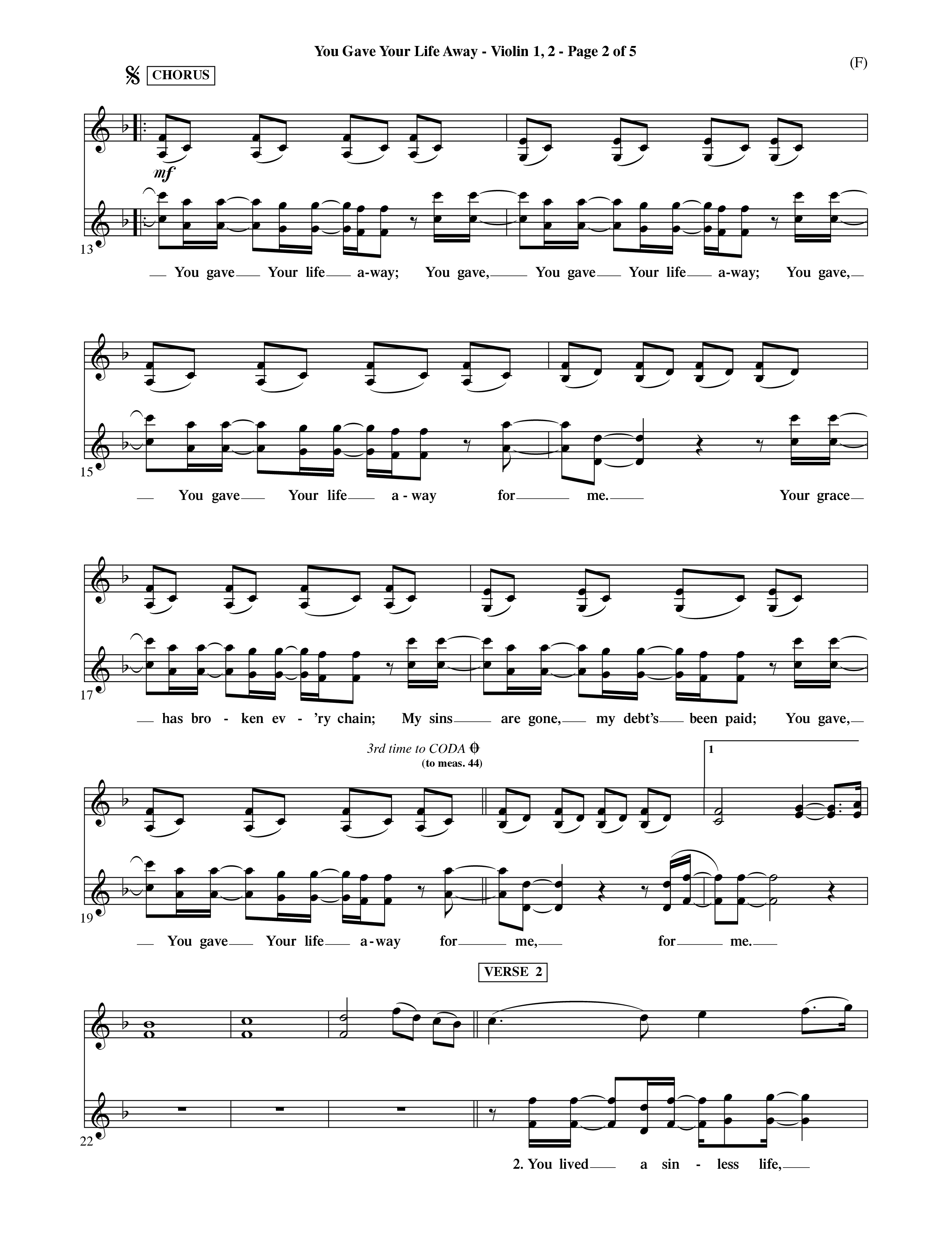 You Gave Your Life Away (Choral Anthem SATB) Violin 1/2 (Word Music Choral / Orch. Ric Domenico)