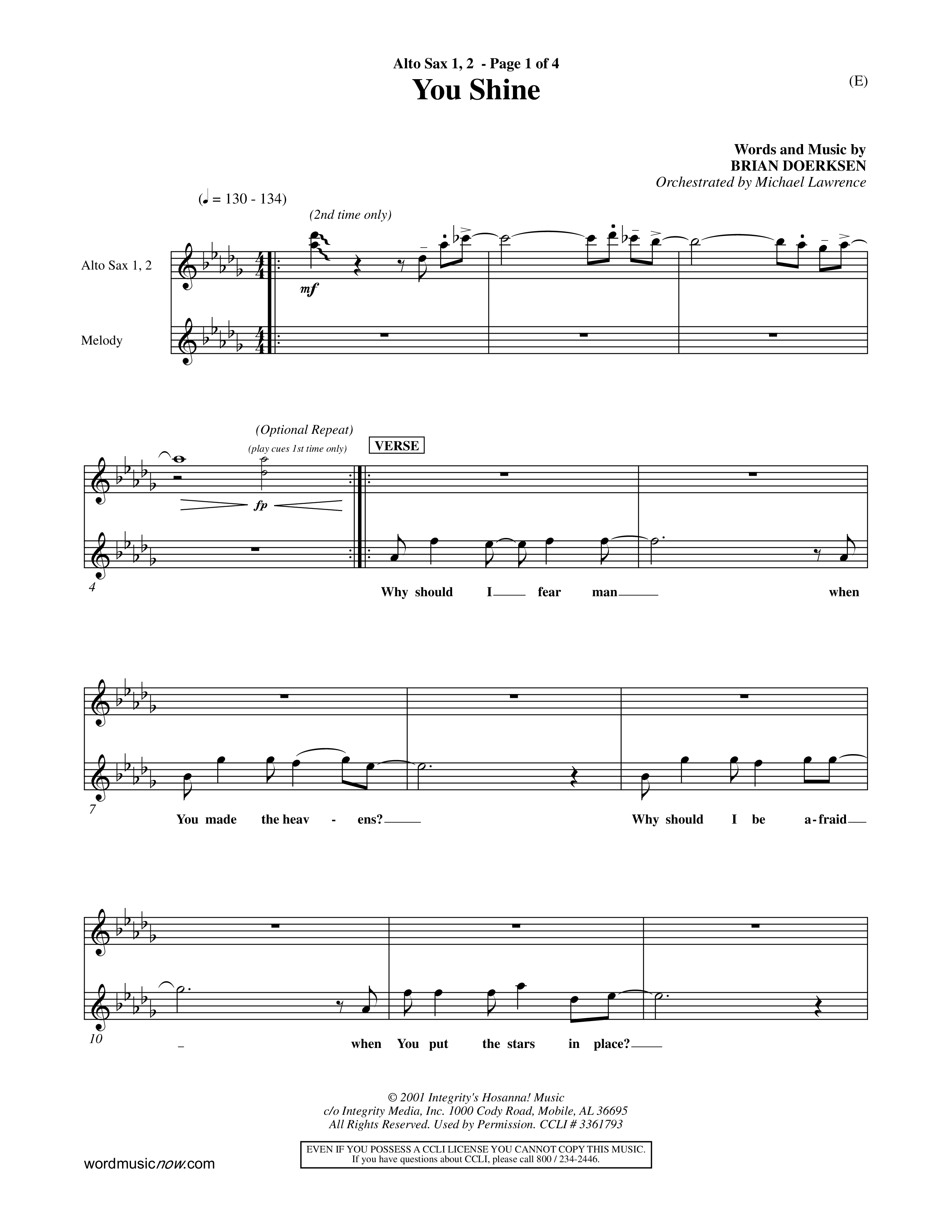 You Shine (Choral Anthem SATB) Alto Sax 1/2 (Word Music Choral / Orch. Michael Lawrence)