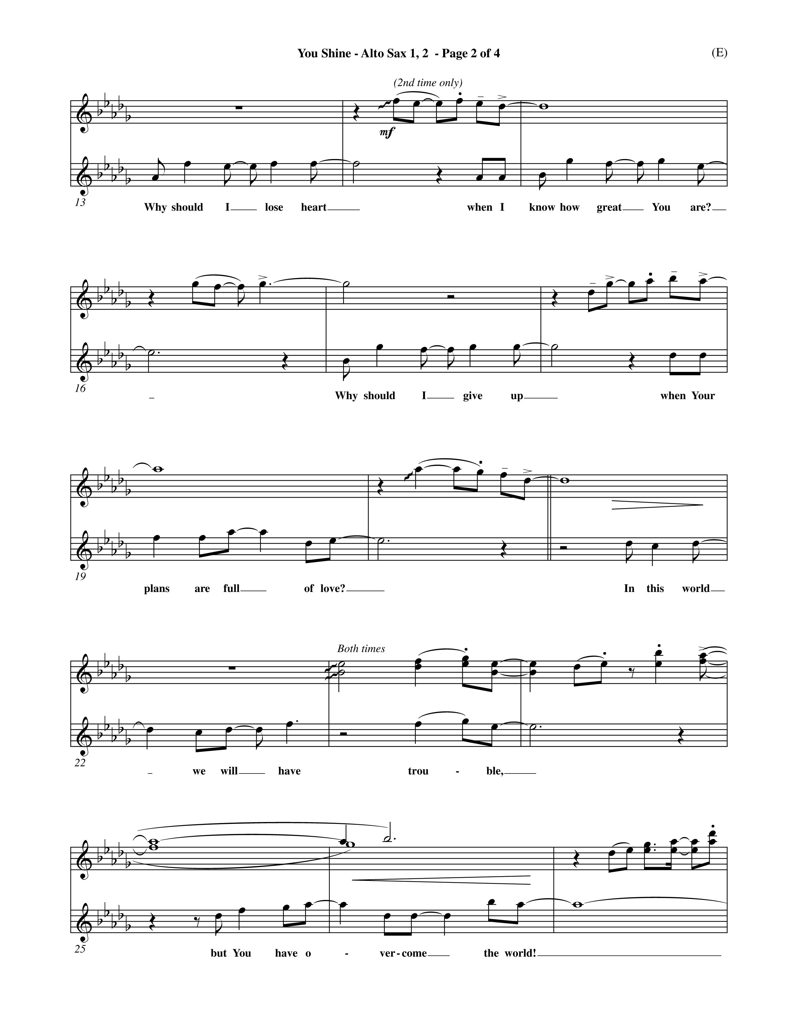 You Shine (Choral Anthem SATB) Alto Sax 1/2 (Word Music Choral / Orch. Michael Lawrence)