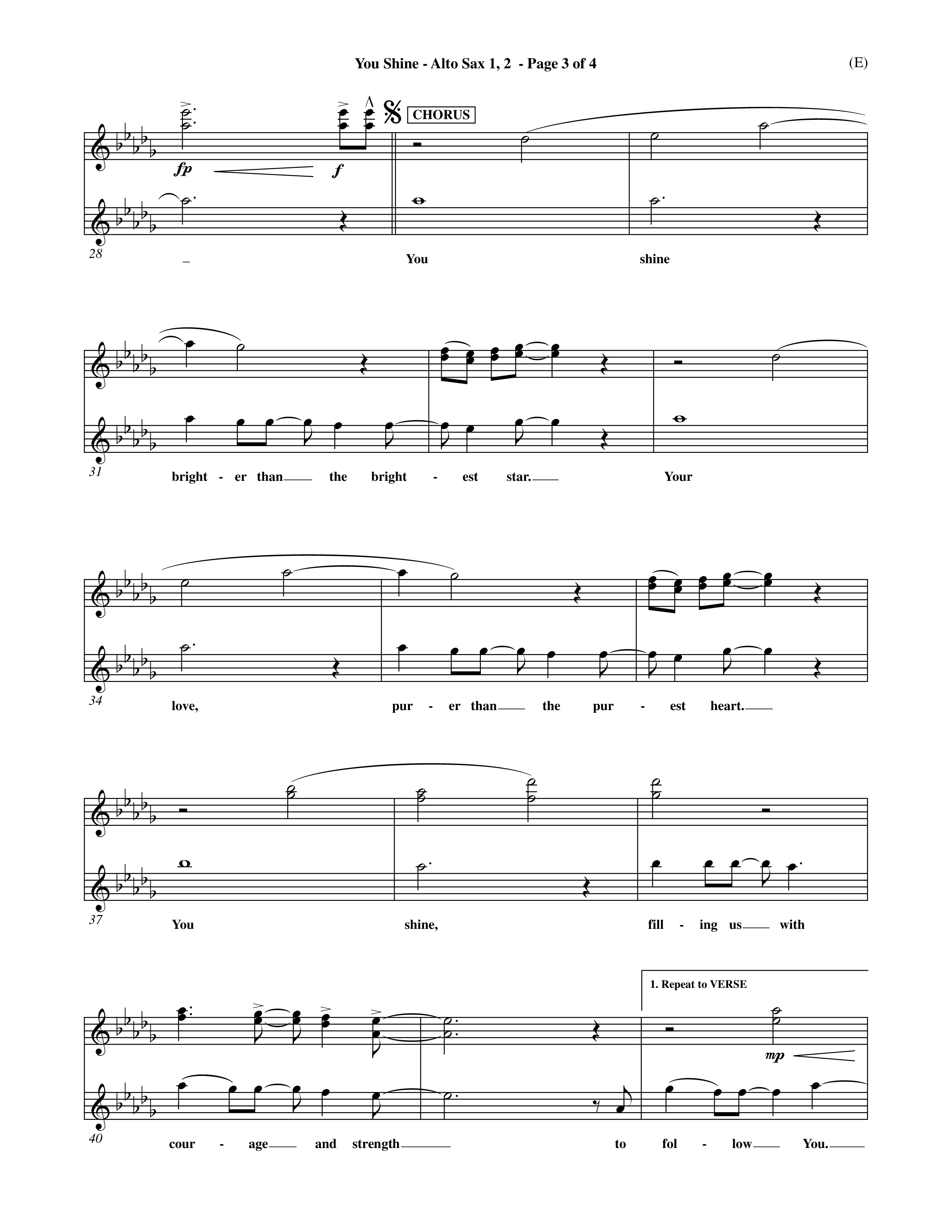 You Shine (Choral Anthem SATB) Alto Sax 1/2 (Word Music Choral / Orch. Michael Lawrence)