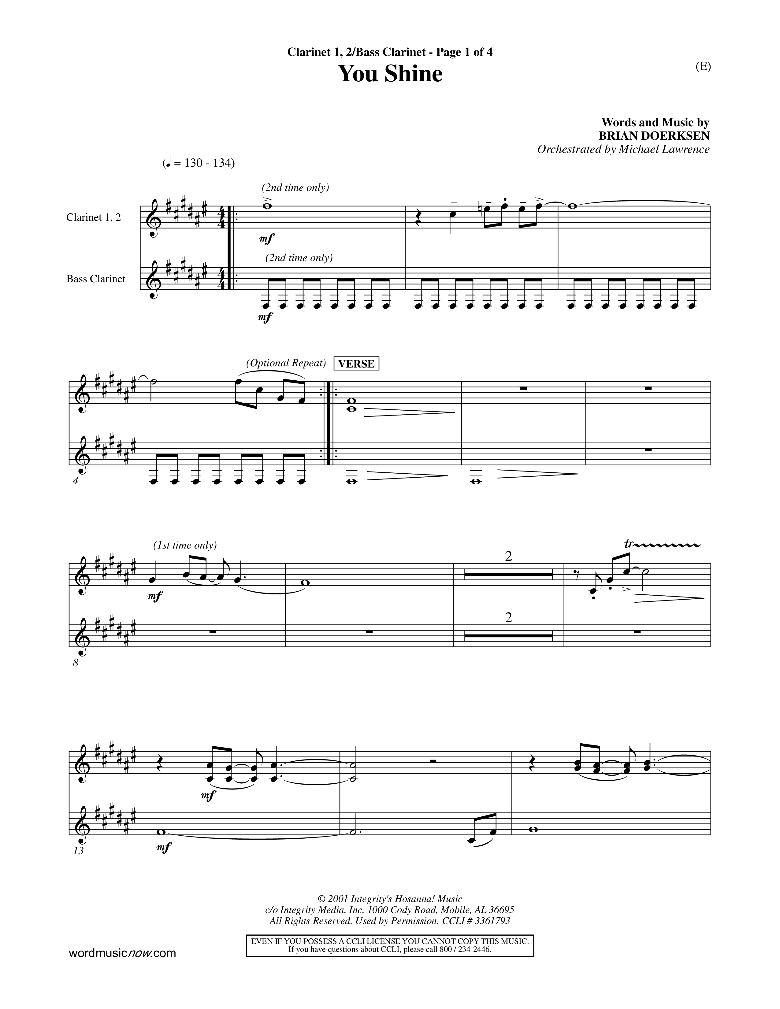 You Shine (Choral Anthem SATB) Clarinet 1/2, Bass Clarinet (Word Music Choral / Orch. Michael Lawrence)