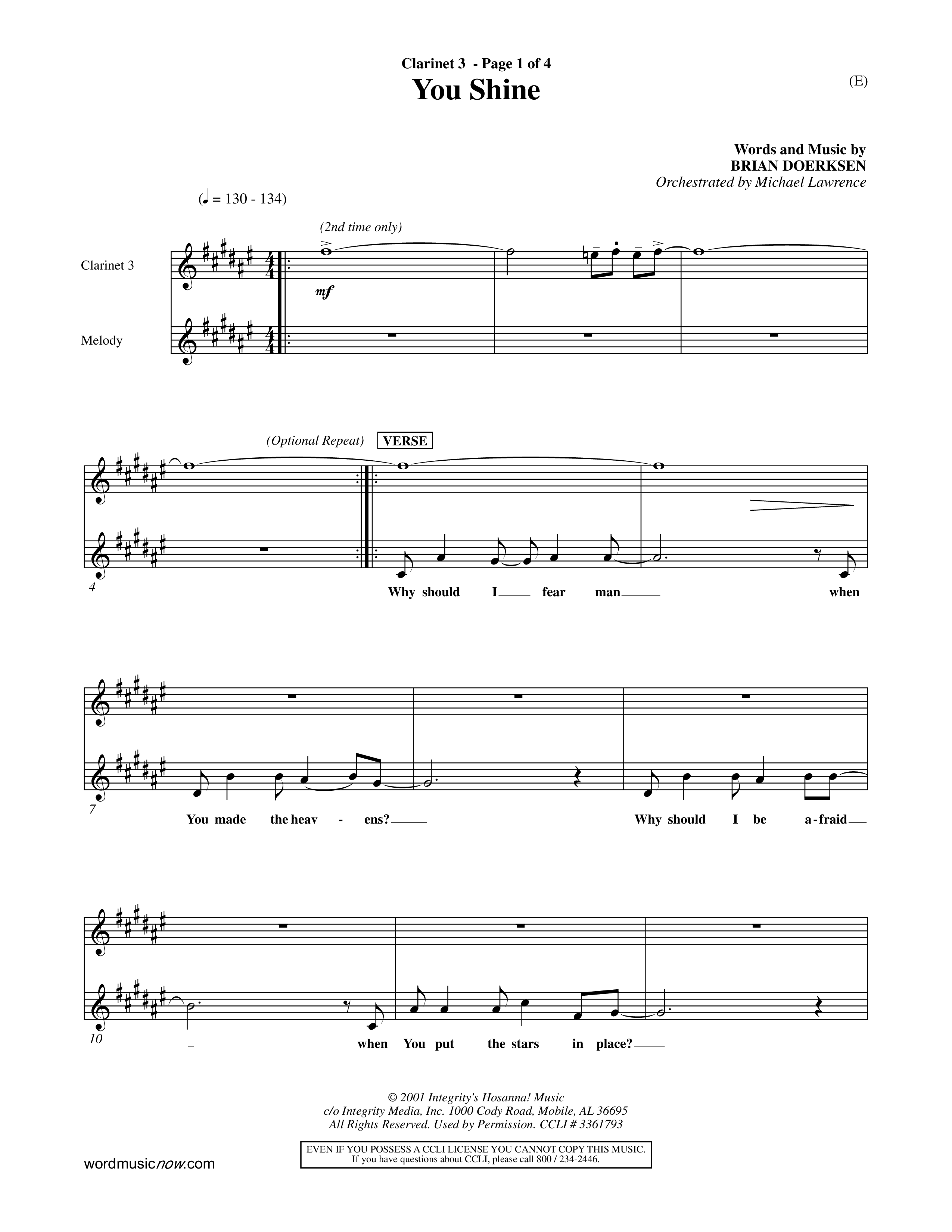 You Shine (Choral Anthem SATB) Clarinet 3 (Word Music Choral / Orch. Michael Lawrence)