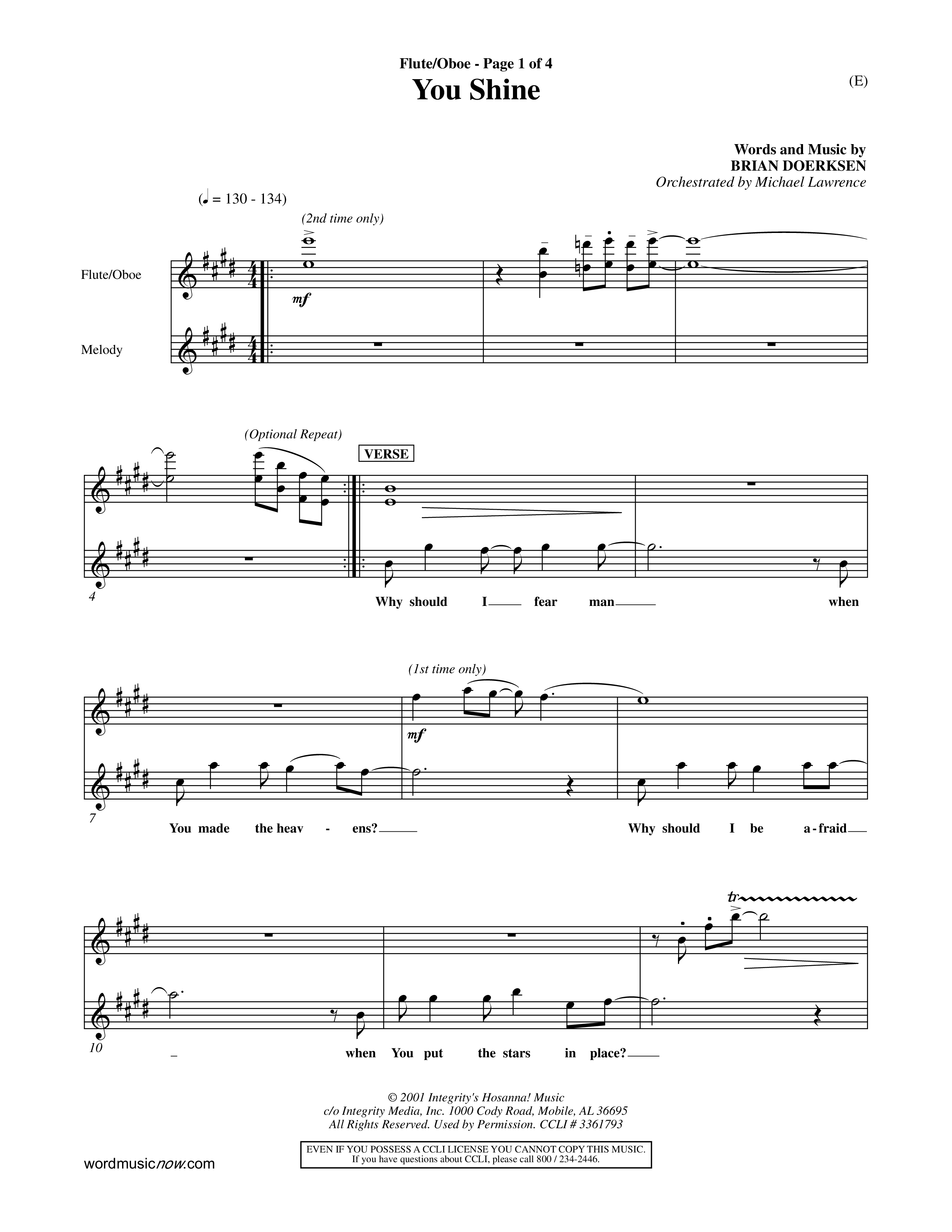 You Shine (Choral Anthem SATB) Flute/Oboe (Word Music Choral / Orch. Michael Lawrence)