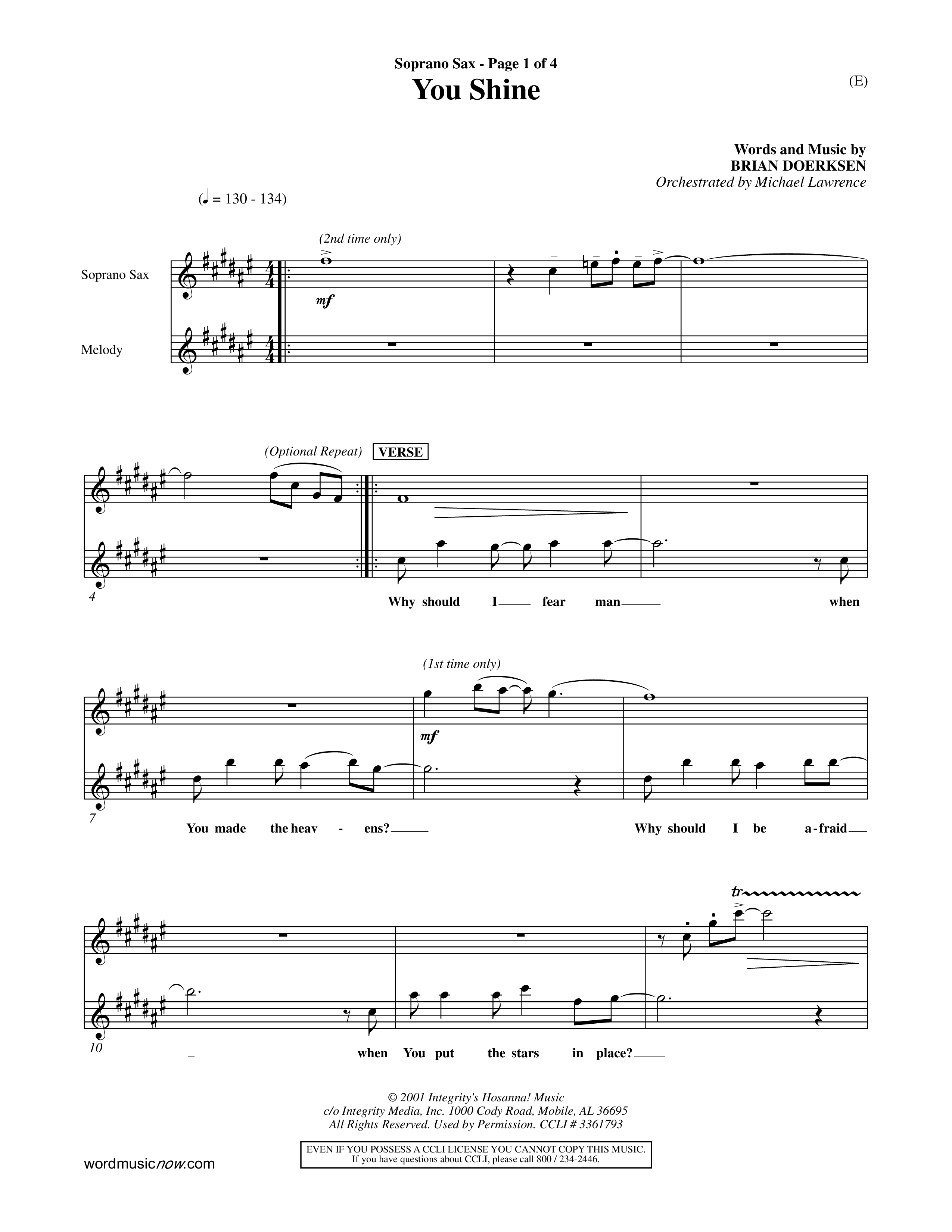 You Shine (Choral Anthem SATB) Saxophone (Word Music Choral / Orch. Michael Lawrence)