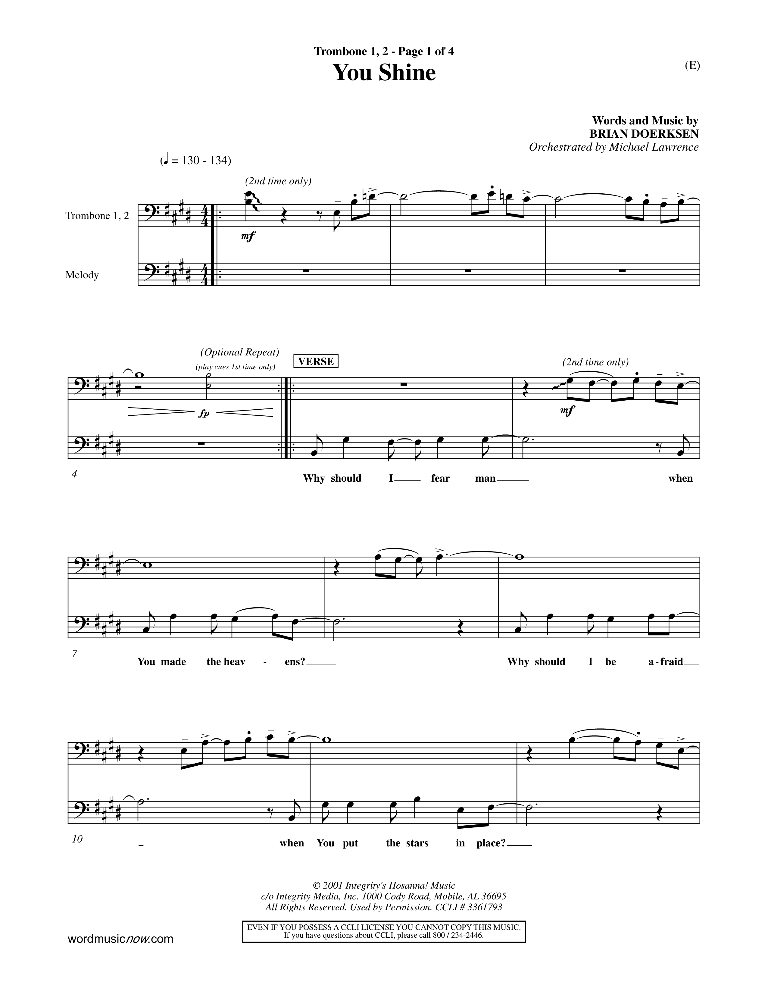 You Shine (Choral Anthem SATB) Trombone 1/2 (Word Music Choral / Orch. Michael Lawrence)