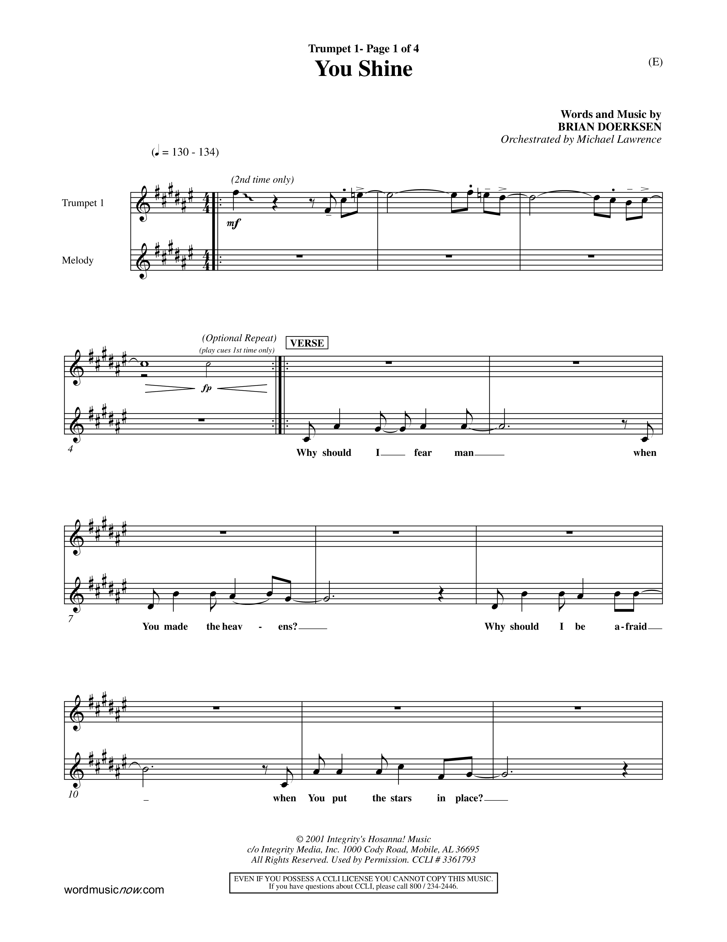 You Shine (Choral Anthem SATB) Trumpet 1 (Word Music Choral / Orch. Michael Lawrence)
