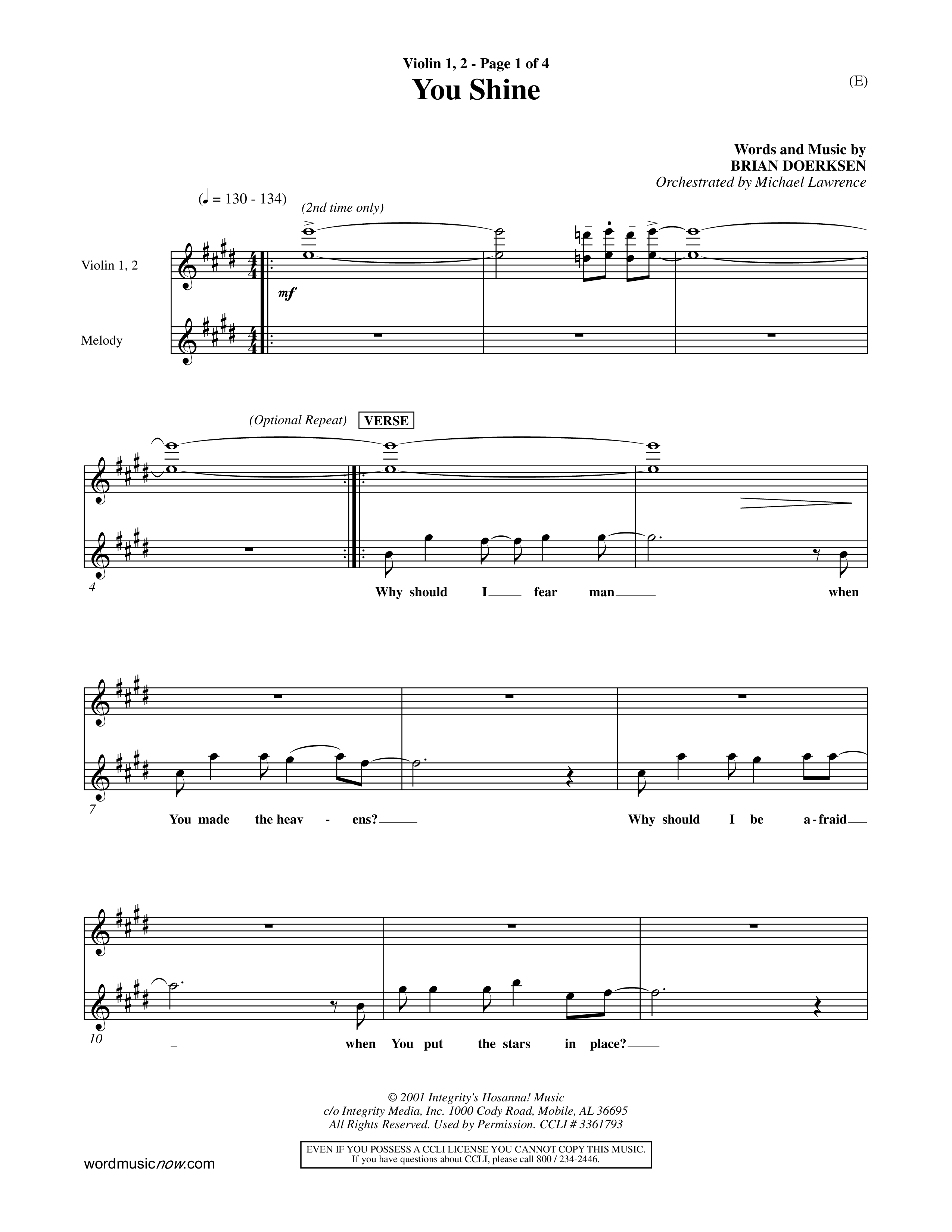 You Shine (Choral Anthem SATB) Violin 1/2 (Word Music Choral / Orch. Michael Lawrence)