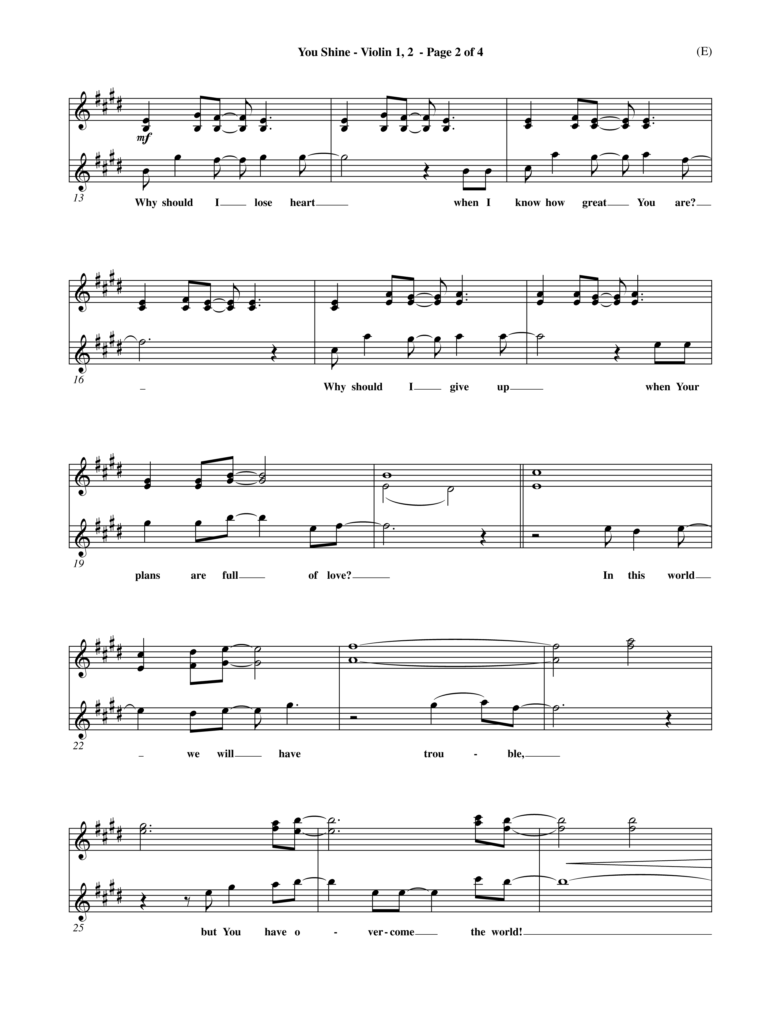 You Shine (Choral Anthem SATB) Violin 1/2 (Word Music Choral / Orch. Michael Lawrence)