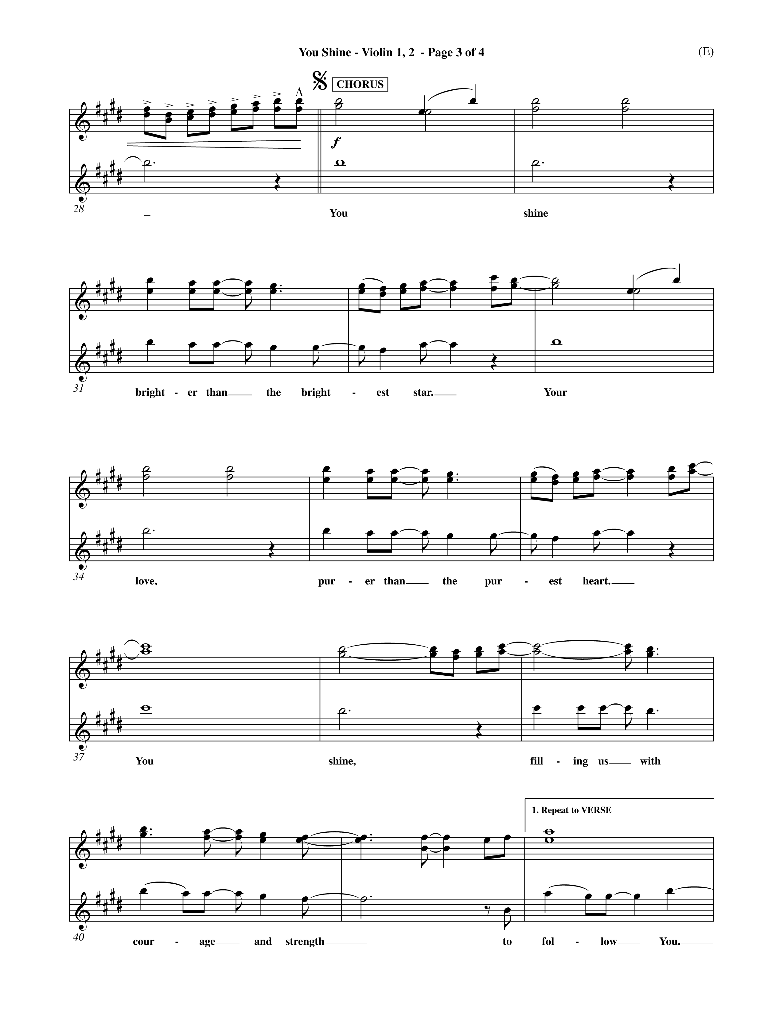 You Shine (Choral Anthem SATB) Violin 1/2 (Word Music Choral / Orch. Michael Lawrence)
