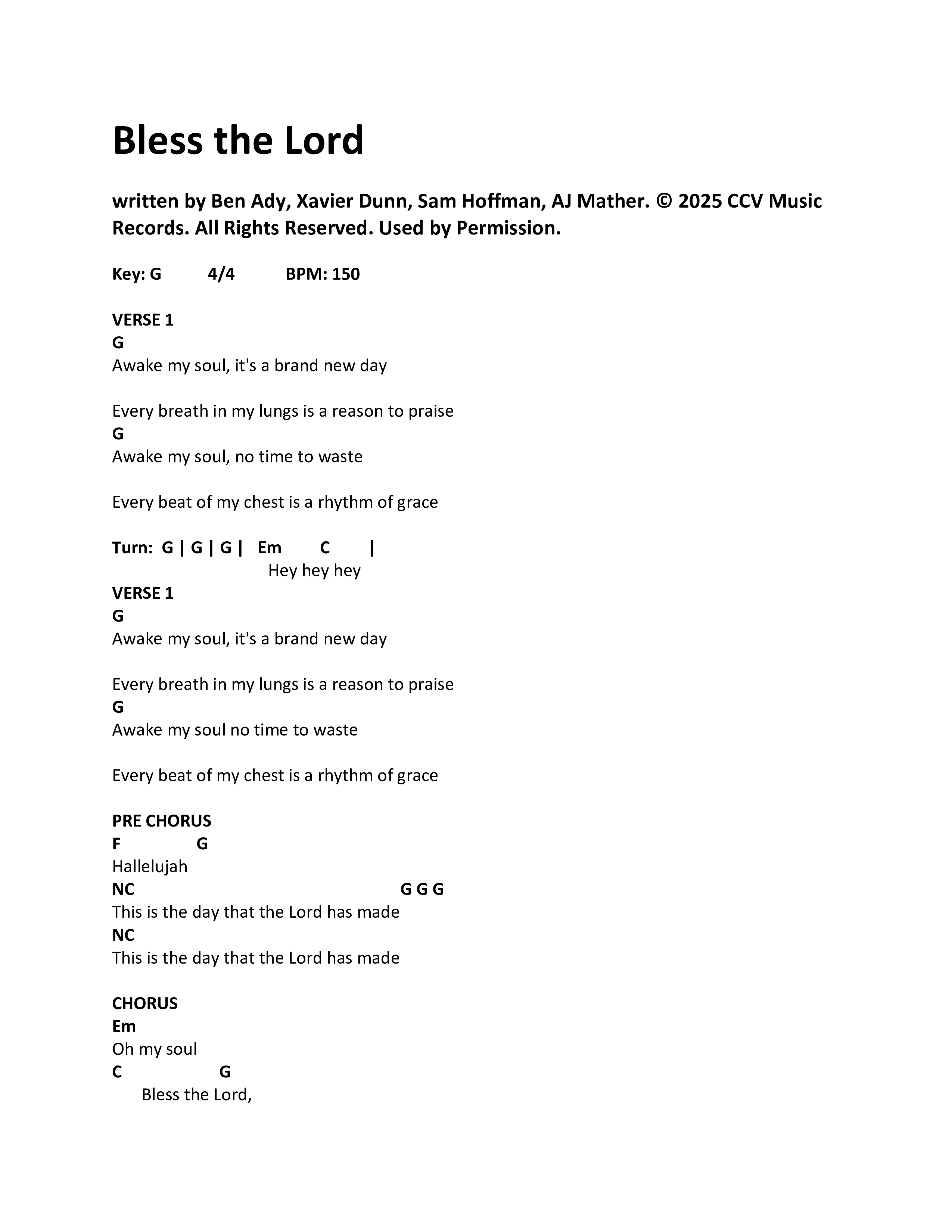 Bless The Lord Chord Chart (CCV Music)