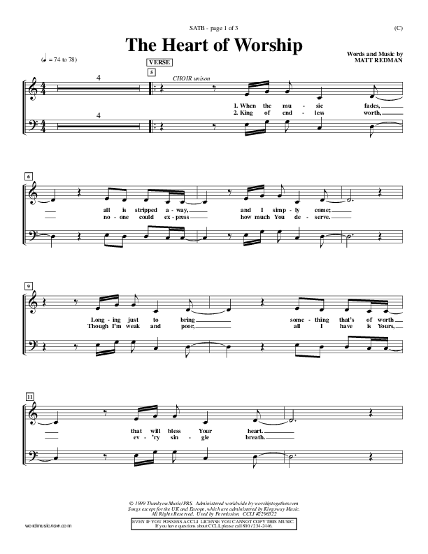 The Heart Of Worship Choir Sheet (SATB) (Matt Redman)