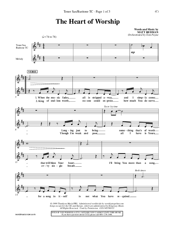 The Heart Of Worship Tenor Sax/Baritone T.C. (Matt Redman)