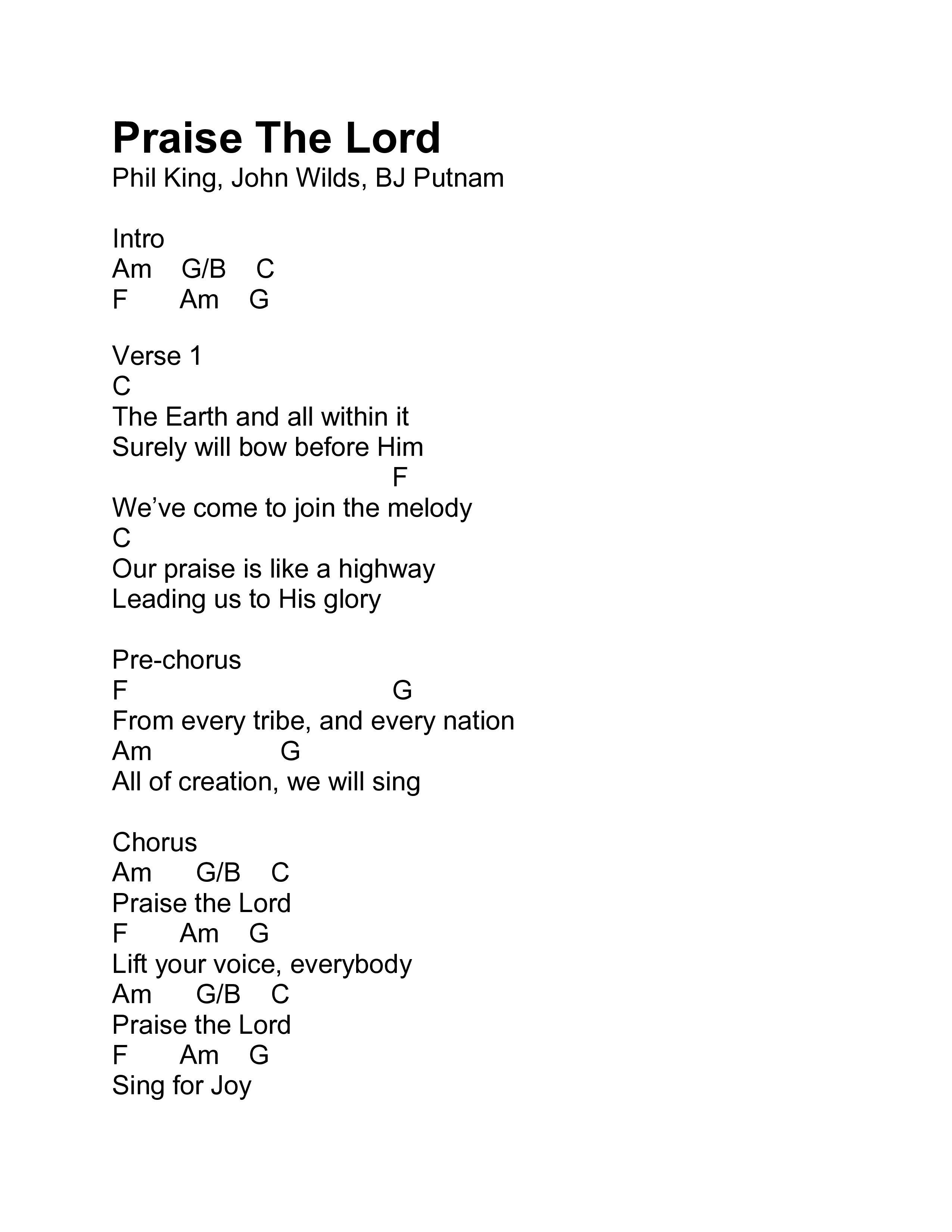 Praise the Lord Chord Chart (Phil King)