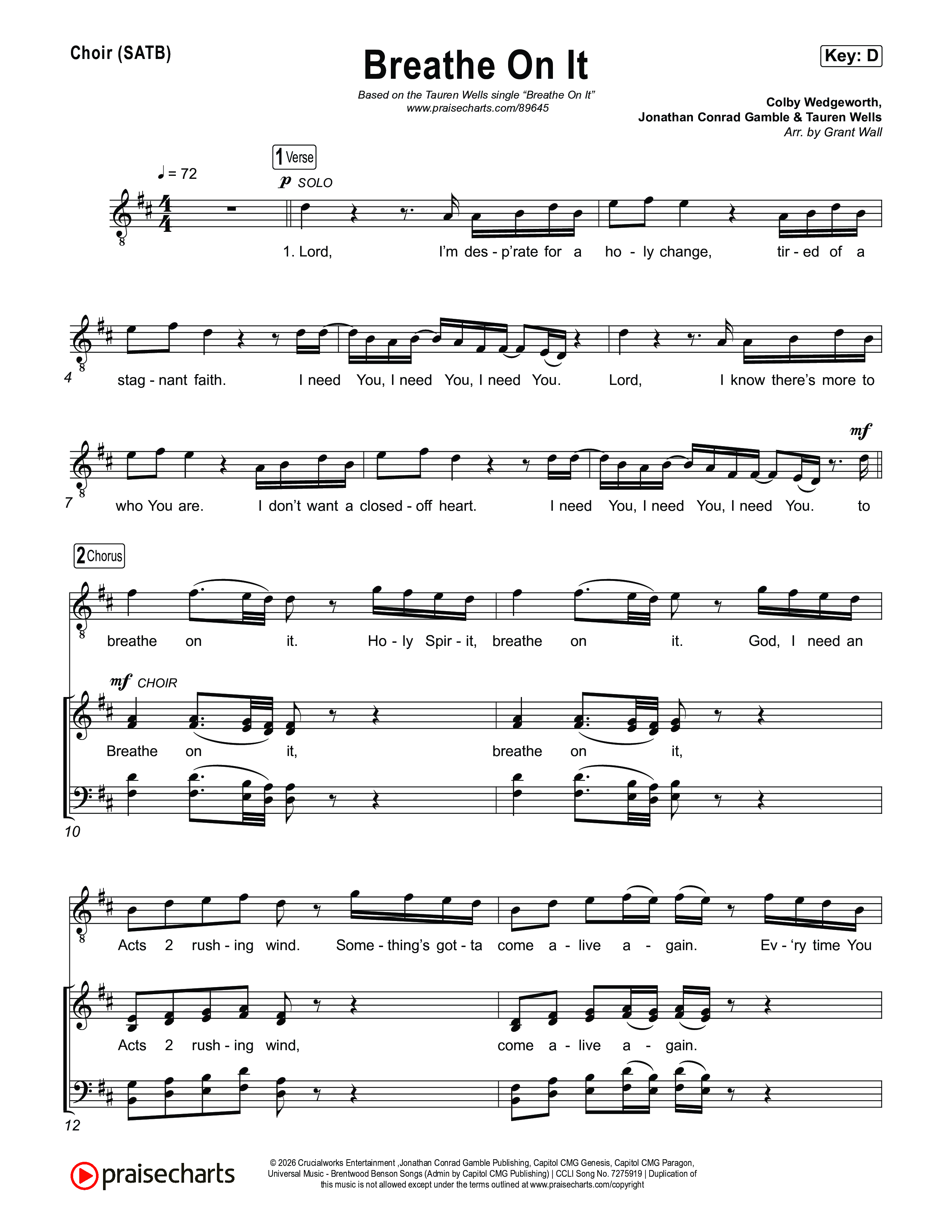 Breathe On It Choir Sheet (SATB) (Tauren Wells)