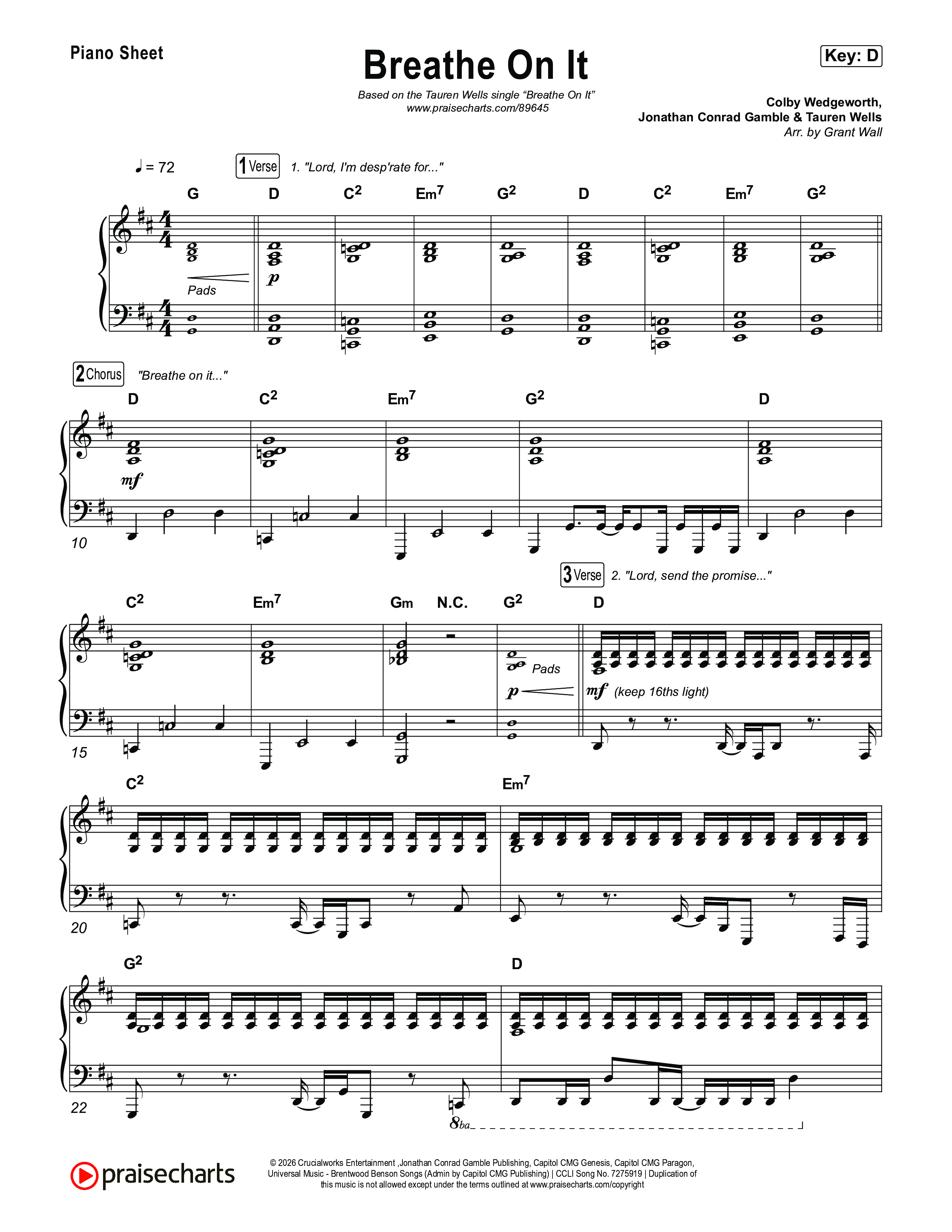 Breathe On It Piano Sheet (Tauren Wells)