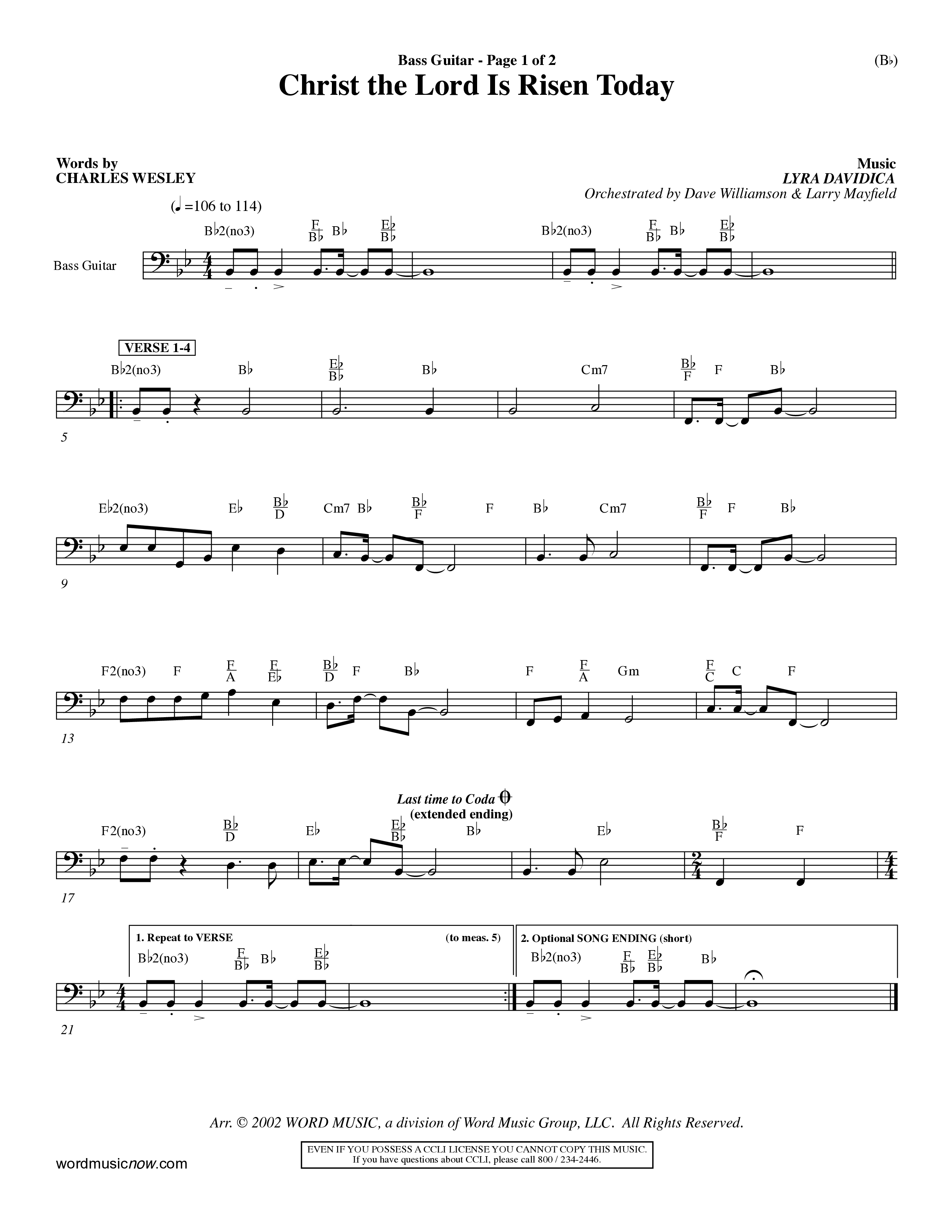 Christ The Lord Is Risen Today (Choral Anthem SATB) Bass Guitar (Word Music Choral / Orch. Dave Williamson / Orch. Larry Mayfield)