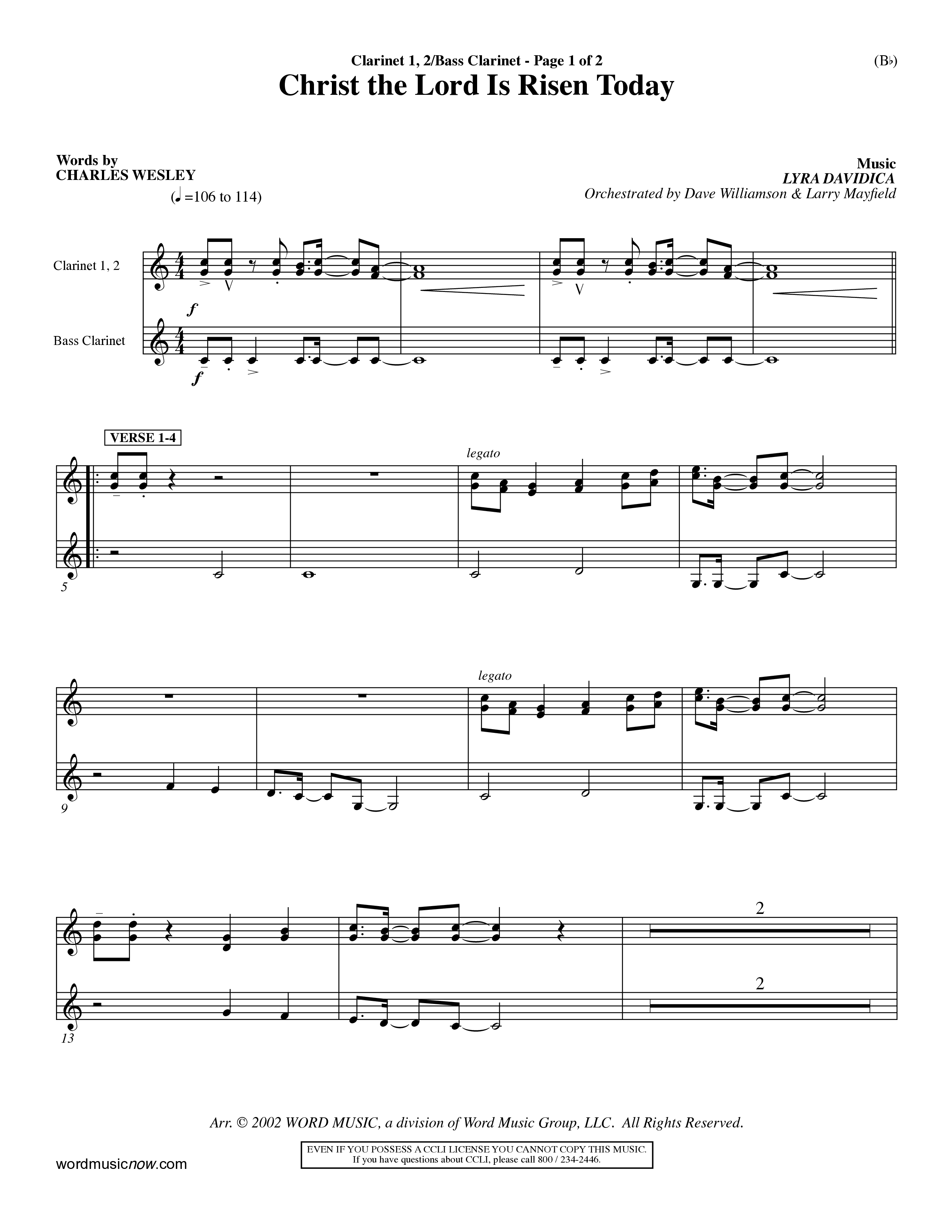 Christ The Lord Is Risen Today (Choral Anthem SATB) Clarinet 1/2, Bass Clarinet (Word Music Choral / Orch. Dave Williamson / Orch. Larry Mayfield)