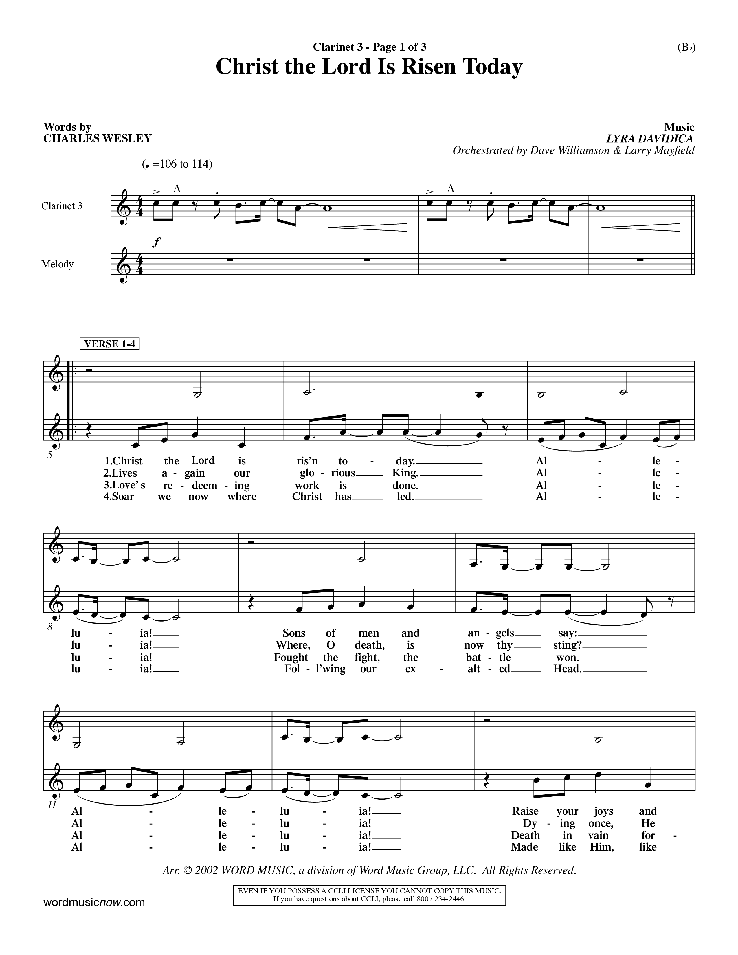 Christ The Lord Is Risen Today (Choral Anthem SATB) Clarinet 3 (Word Music Choral / Orch. Dave Williamson / Orch. Larry Mayfield)