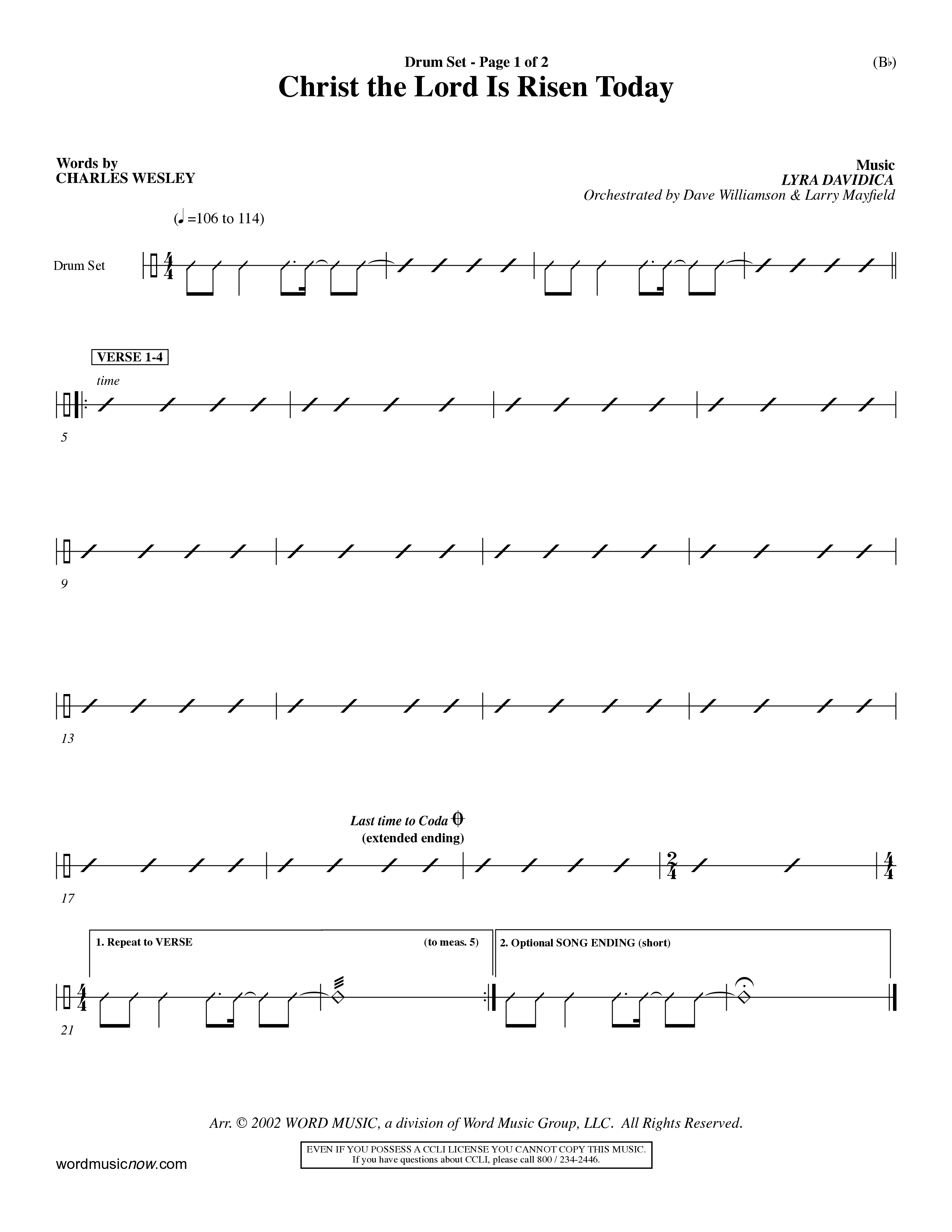 Christ The Lord Is Risen Today (Choral Anthem SATB) Drum Set (Word Music Choral / Orch. Dave Williamson / Orch. Larry Mayfield)