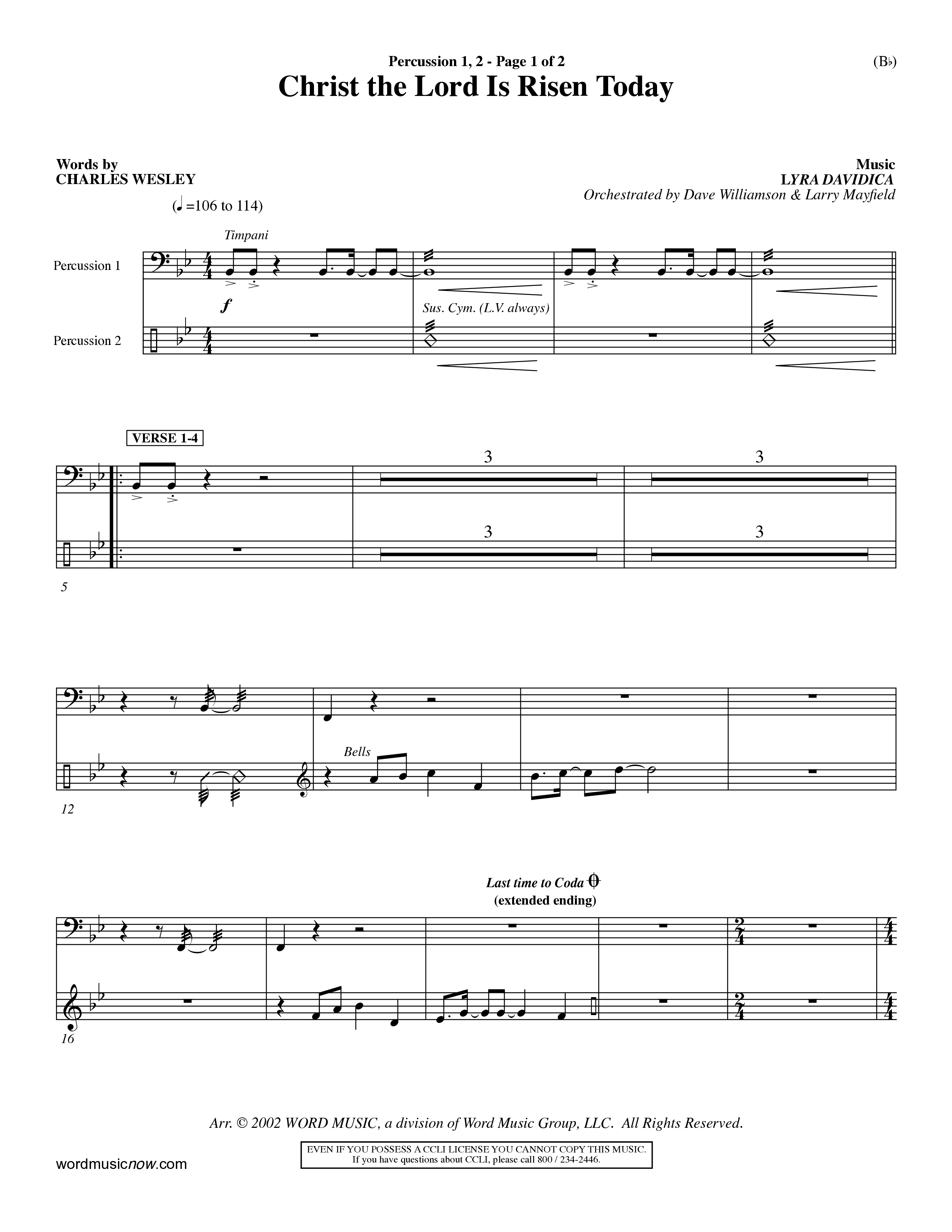 Christ The Lord Is Risen Today (Choral Anthem SATB) Percussion 1/2 (Word Music Choral / Orch. Dave Williamson / Orch. Larry Mayfield)