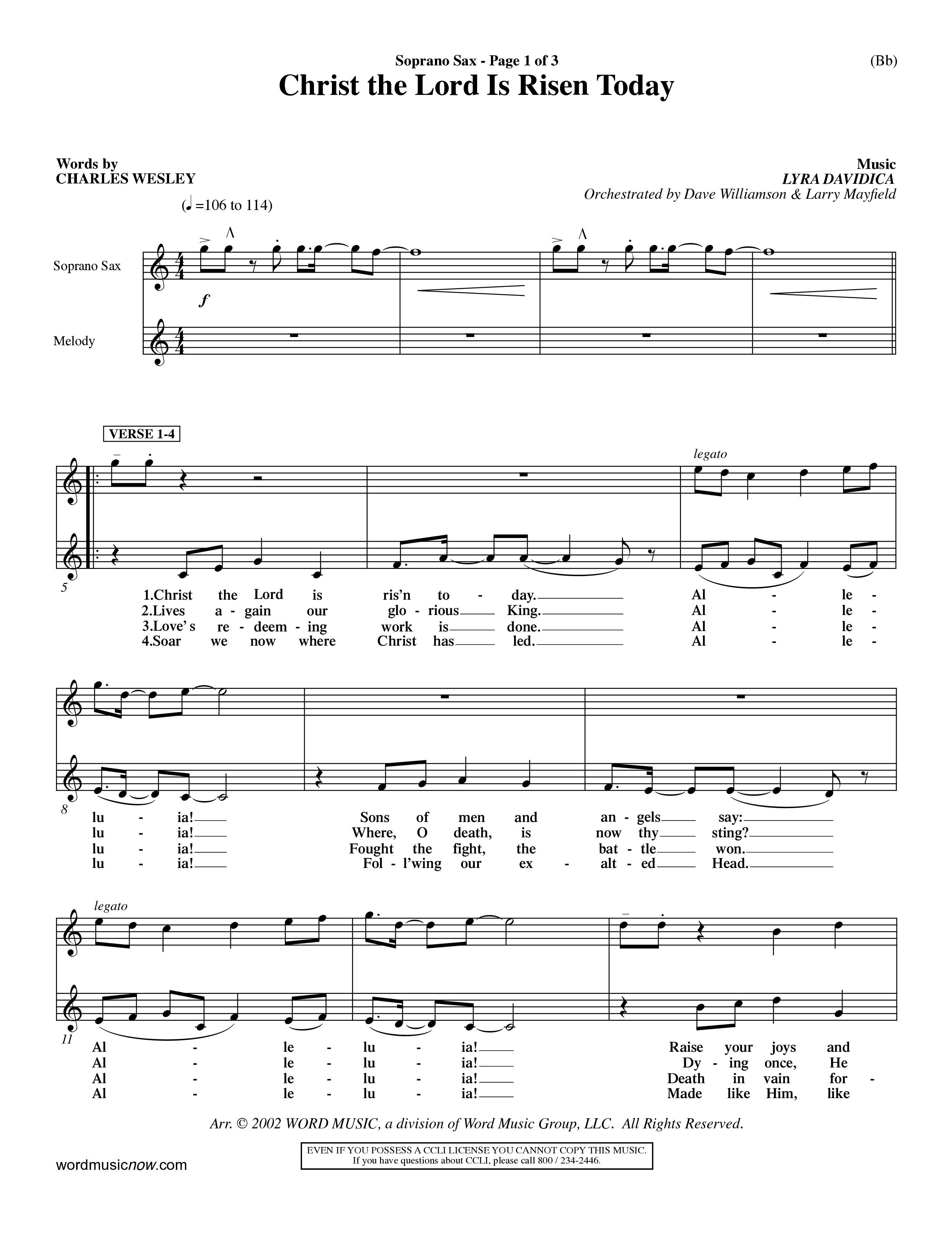 Christ The Lord Is Risen Today (Choral Anthem SATB) Saxophone (Word Music Choral / Orch. Dave Williamson / Orch. Larry Mayfield)