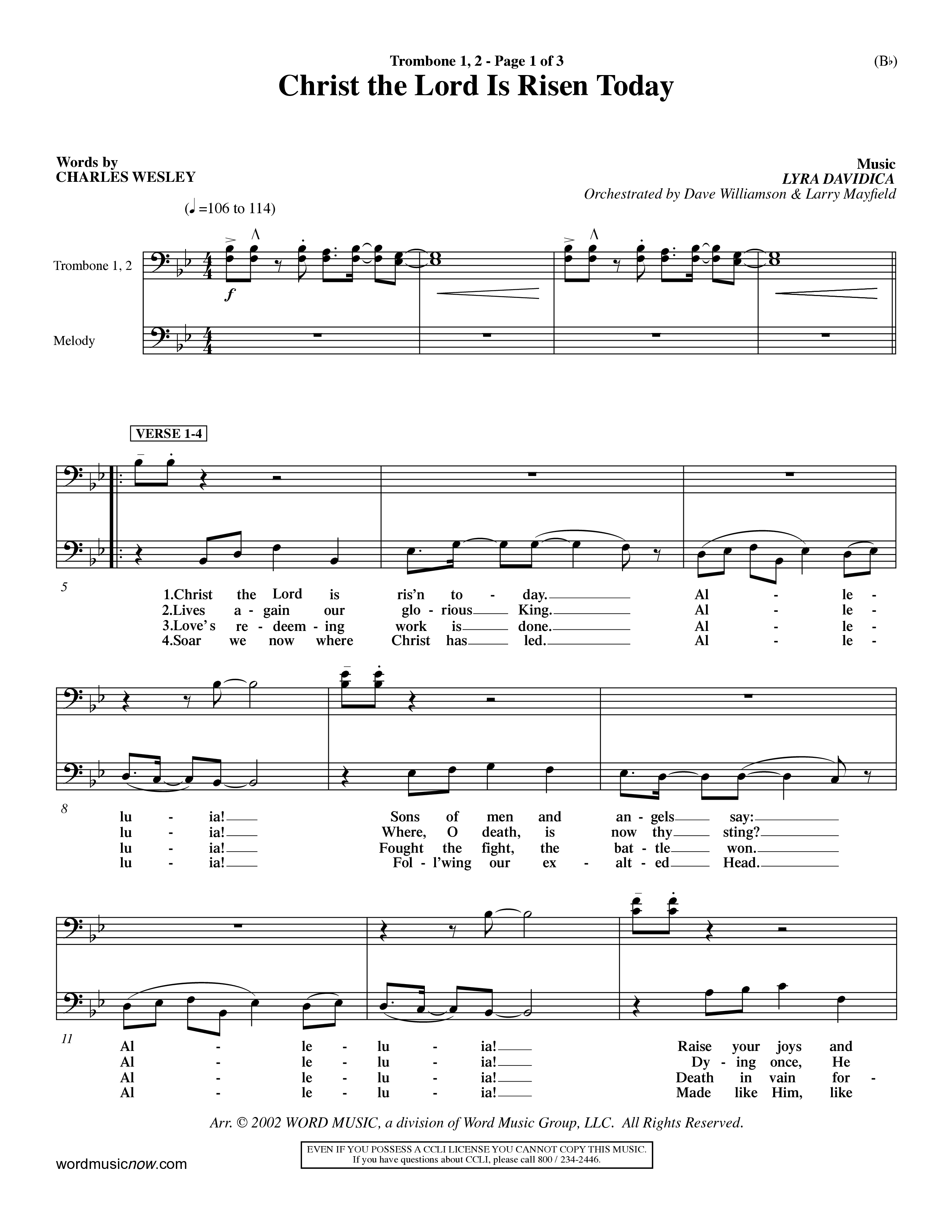 Christ The Lord Is Risen Today (Choral Anthem SATB) Trombone 1/2 (Word Music Choral / Orch. Dave Williamson / Orch. Larry Mayfield)
