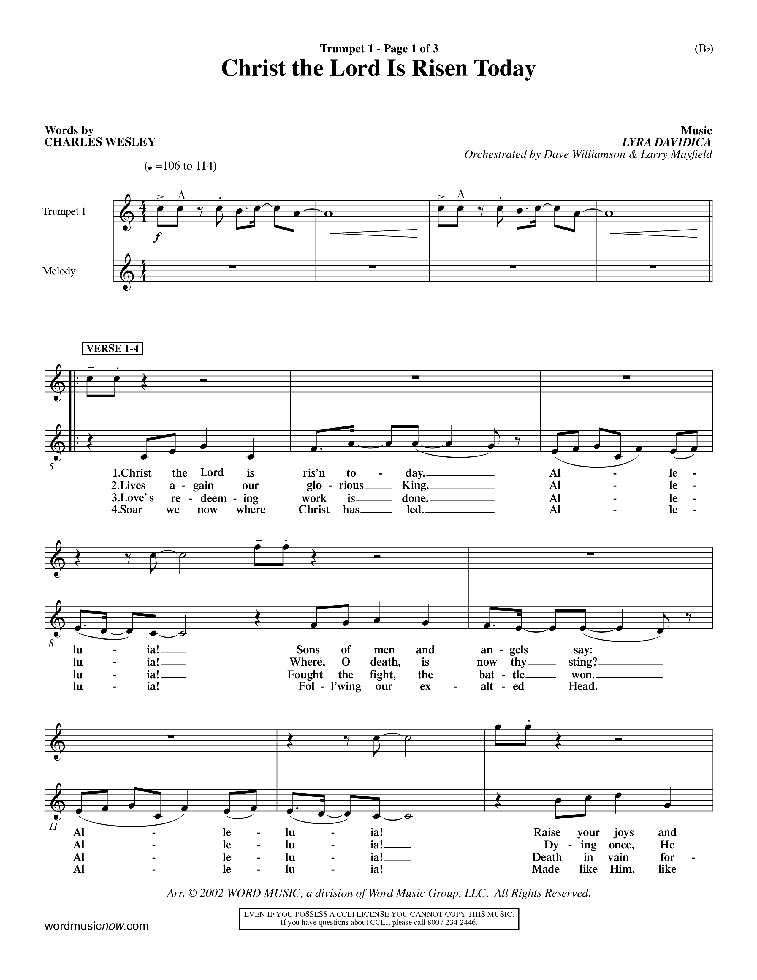 Christ The Lord Is Risen Today (Choral Anthem SATB) Trumpet 1 (Word Music Choral / Orch. Dave Williamson / Orch. Larry Mayfield)