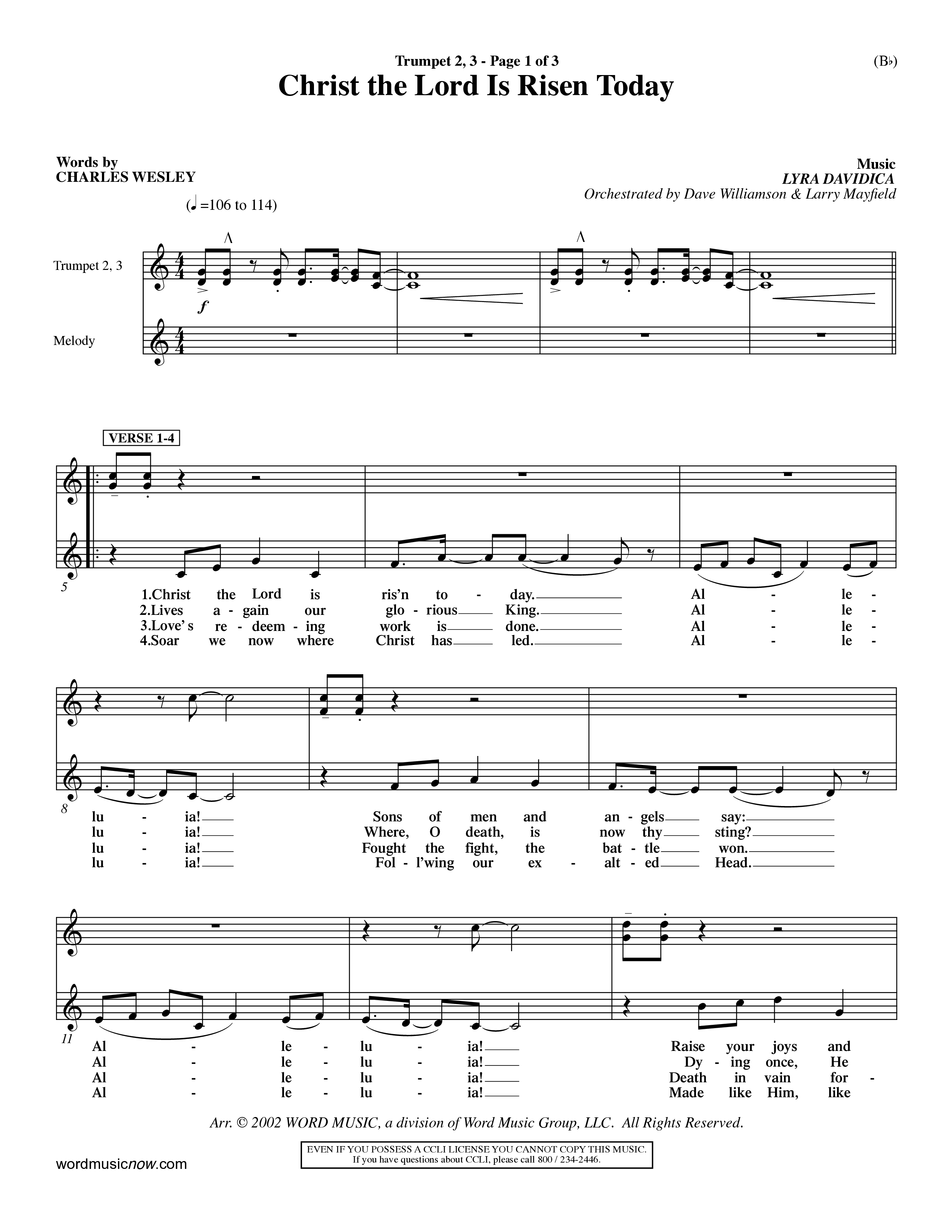 Christ The Lord Is Risen Today (Choral Anthem SATB) Trumpet 2/3 (Word Music Choral / Orch. Dave Williamson / Orch. Larry Mayfield)