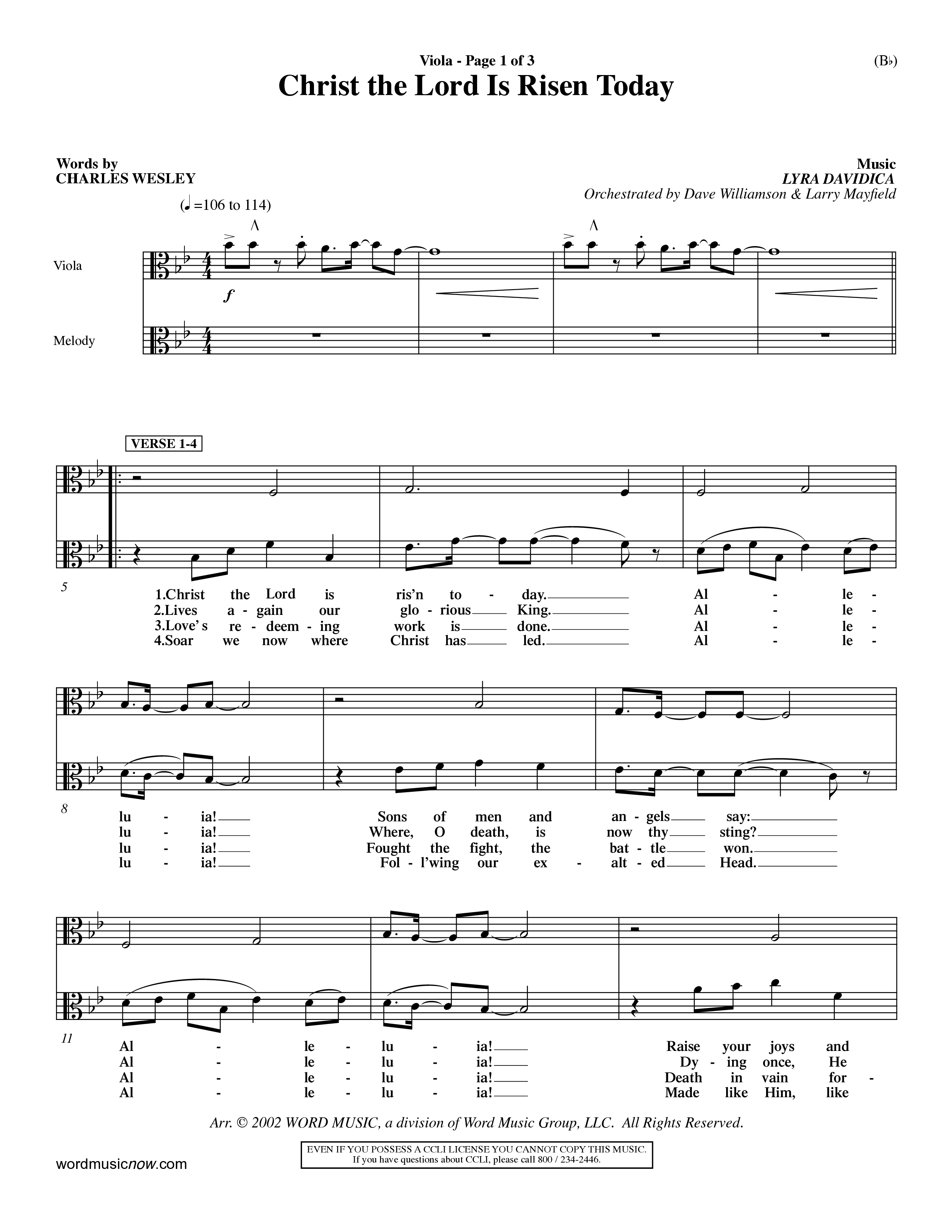 Christ The Lord Is Risen Today (Choral Anthem SATB) Viola (Word Music Choral / Orch. Dave Williamson / Orch. Larry Mayfield)